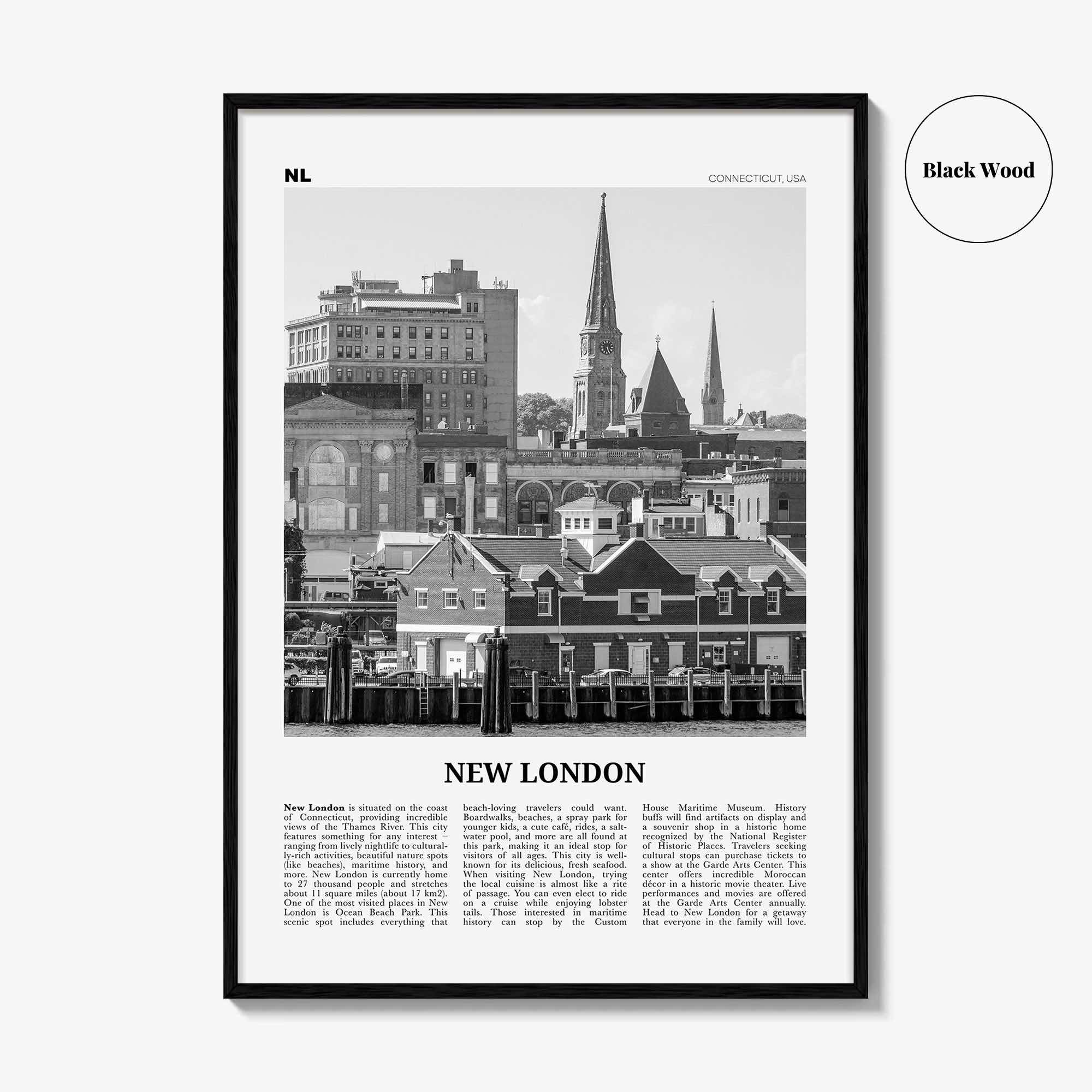 New London Print Black and White, New London Wall Art, New London Poster, New London Photo, New London Map, Connecticut, USA