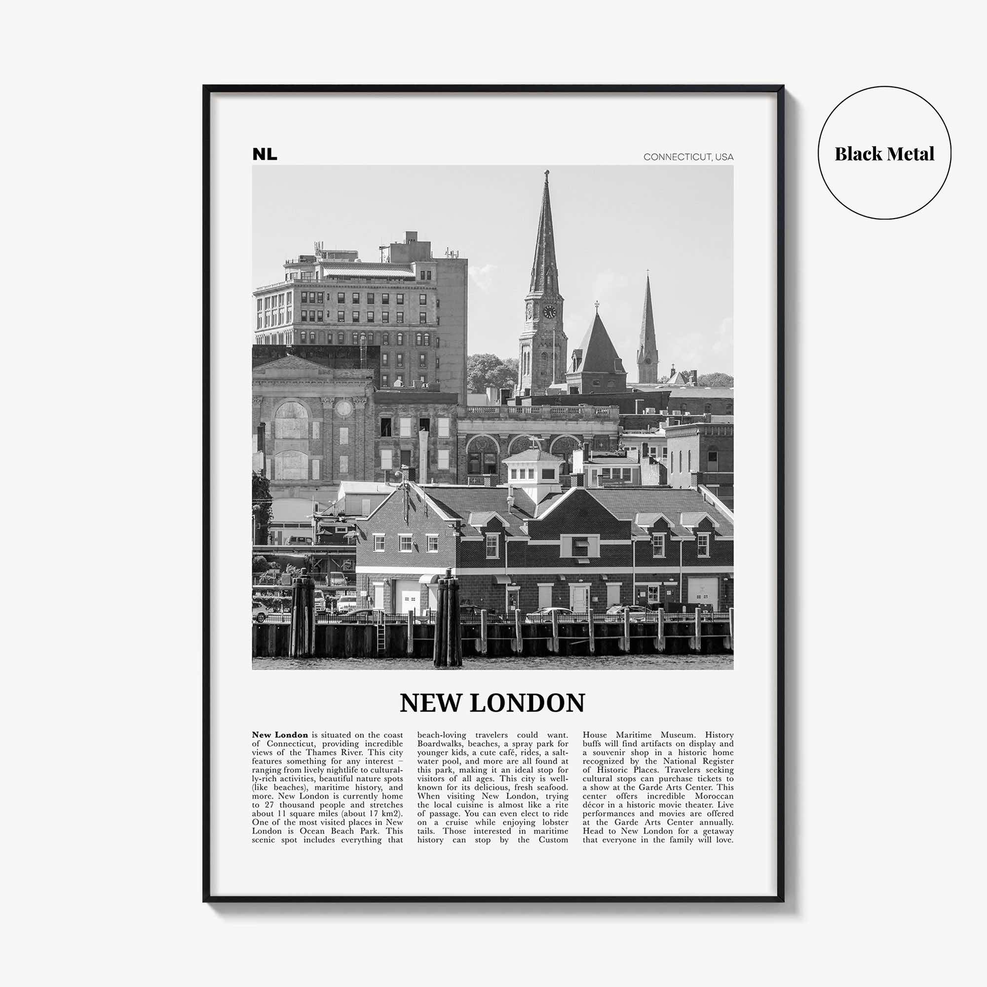 New London Print Black and White, New London Wall Art, New London Poster, New London Photo, New London Map, Connecticut, USA