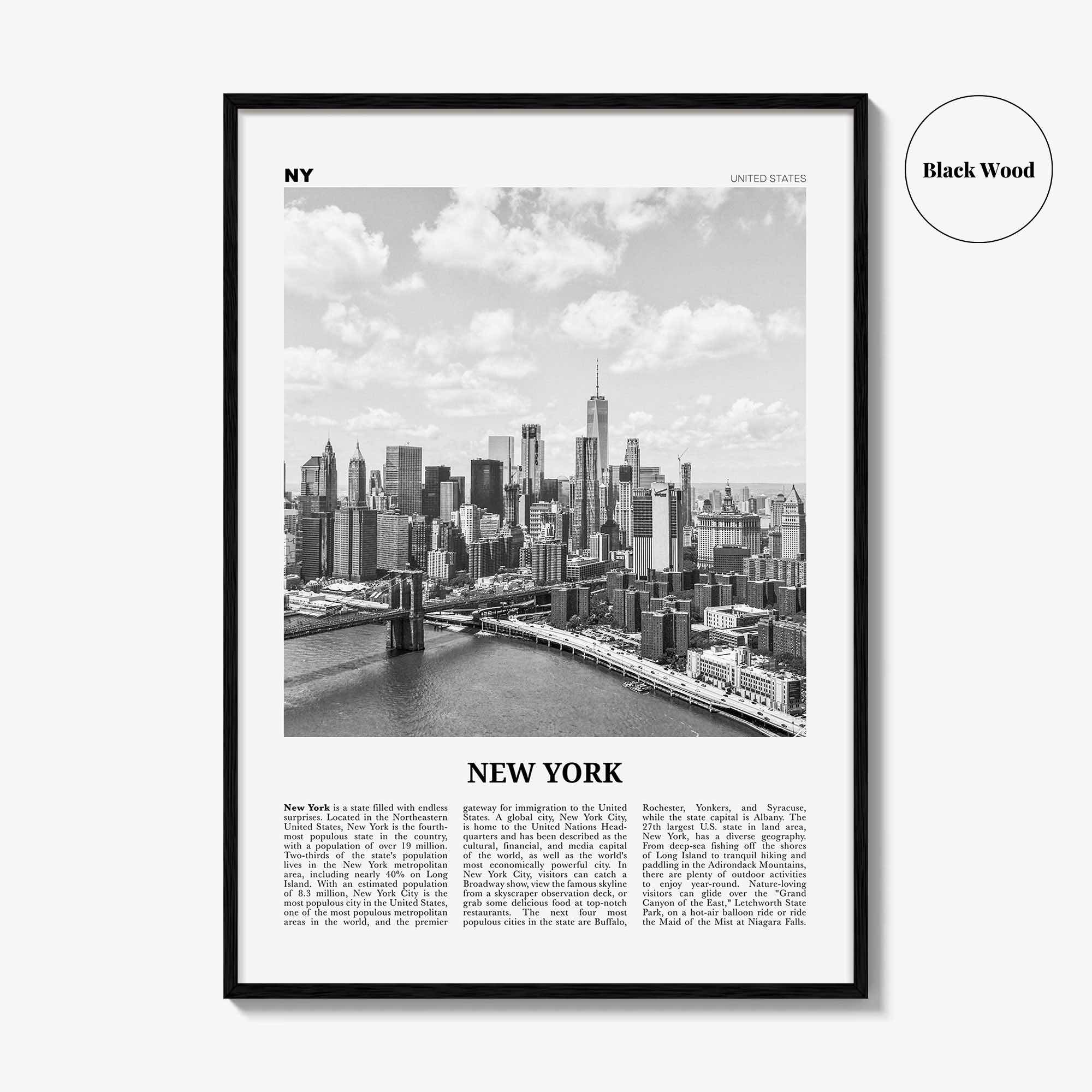 New York State Print Black and White No 1, New York State Wall Art, New York State Poster, New York State Photo, United States, USA State