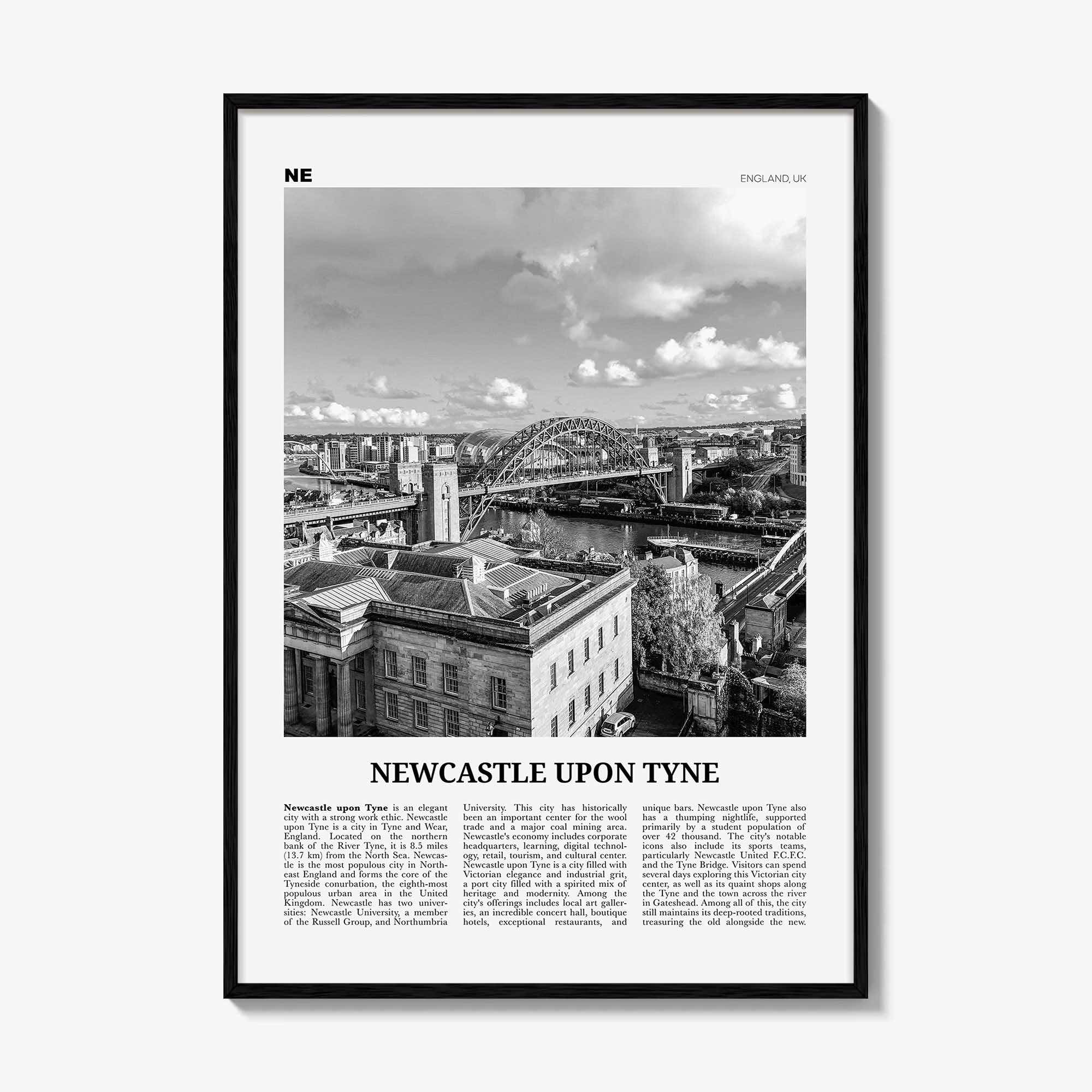 Newcastle upon Tyne Print Black and White, Newcastle Print, Newcastle Wall Art, Newcastle Poster, England, UK, United Kingdom, Europe