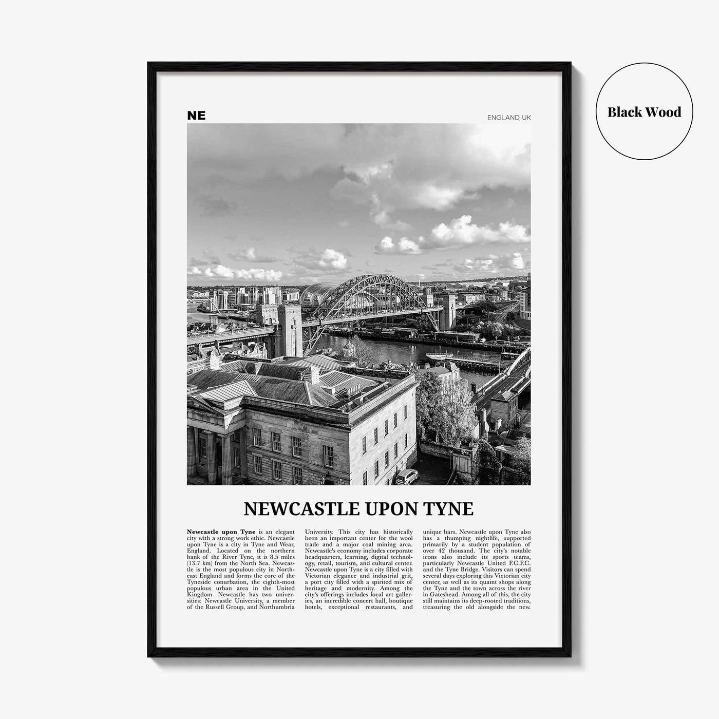 Newcastle upon Tyne Print Black and White, Newcastle Print, Newcastle Wall Art, Newcastle Poster, England, UK, United Kingdom, Europe