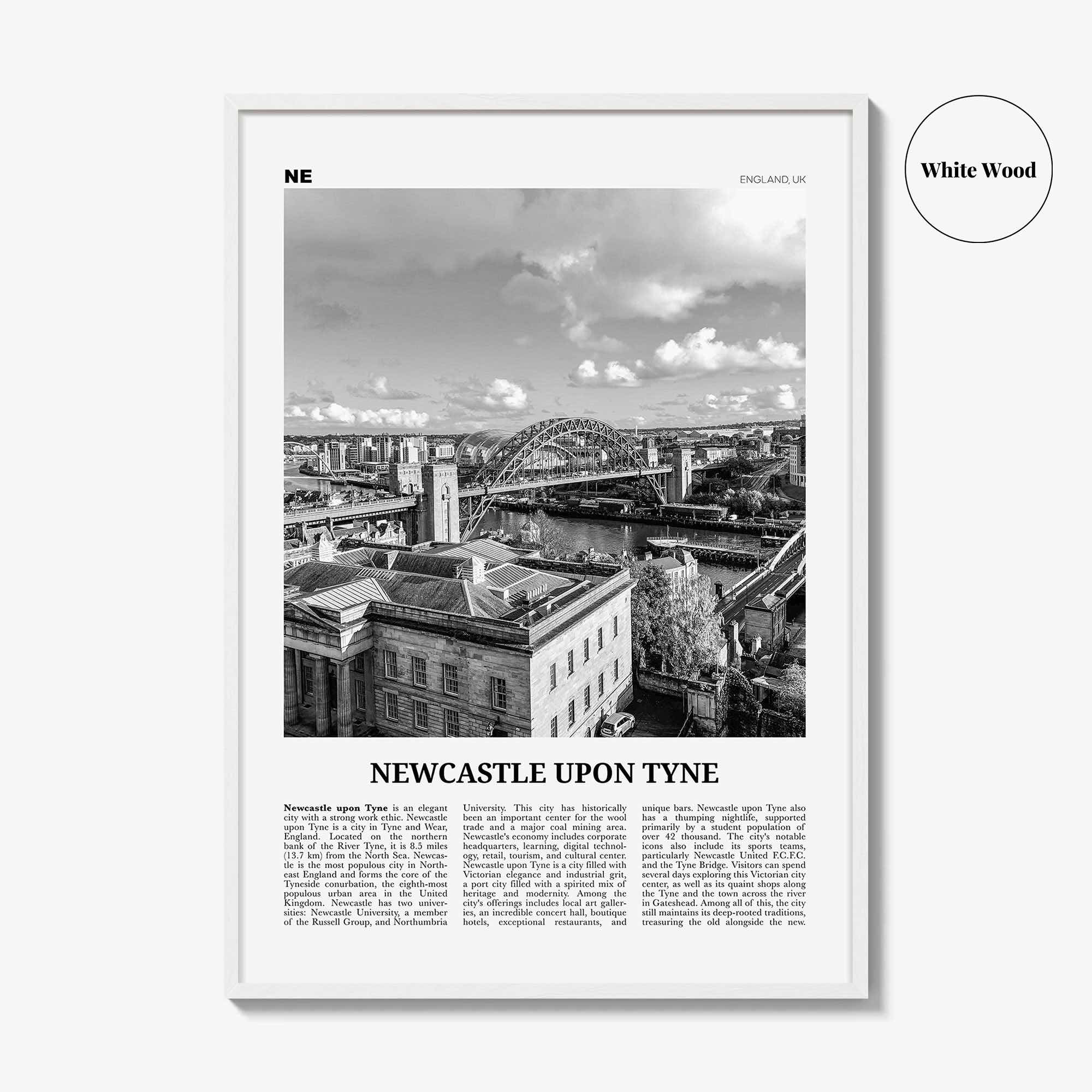 Newcastle upon Tyne Print Black and White, Newcastle Print, Newcastle Wall Art, Newcastle Poster, England, UK, United Kingdom, Europe