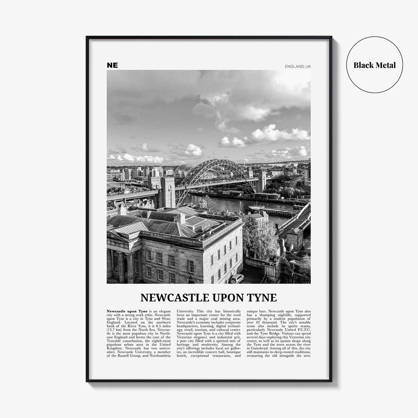 Newcastle upon Tyne Print Black and White, Newcastle Print, Newcastle Wall Art, Newcastle Poster, England, UK, United Kingdom, Europe