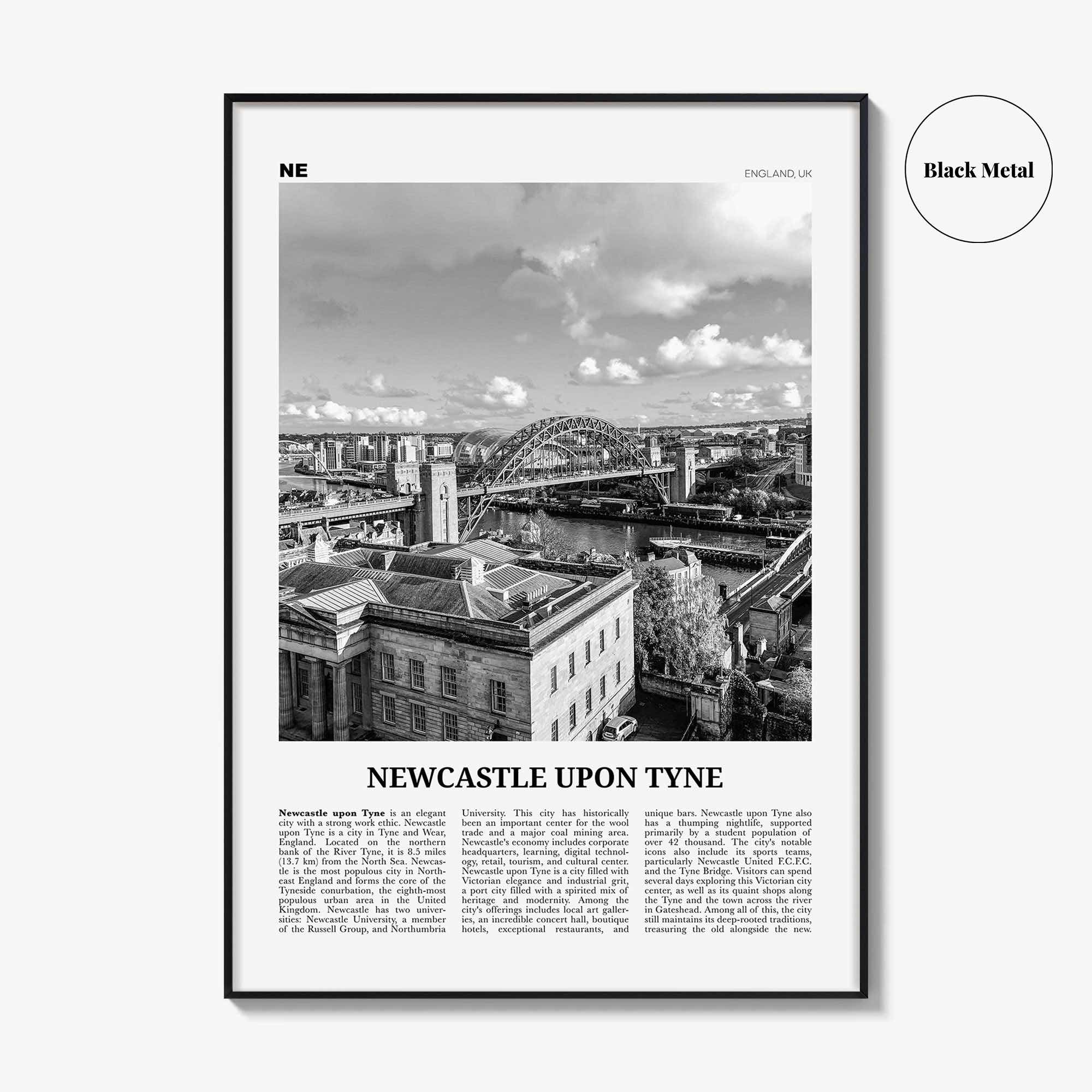 Newcastle upon Tyne Print Black and White, Newcastle Print, Newcastle Wall Art, Newcastle Poster, England, UK, United Kingdom, Europe