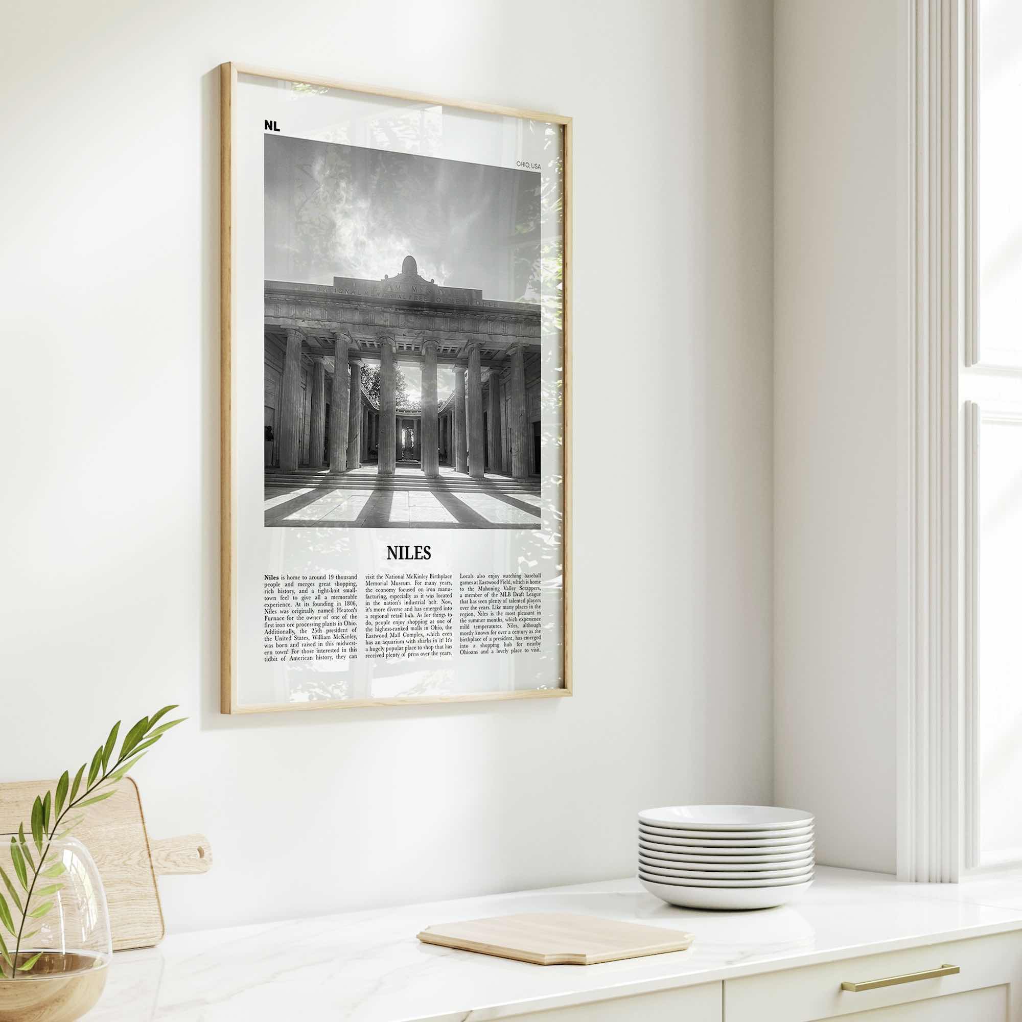 Niles Print Black and White, Niles Wall Art, Niles Poster, Niles Photo, Niles Wall Décor, Niles Map, Ohio, USA