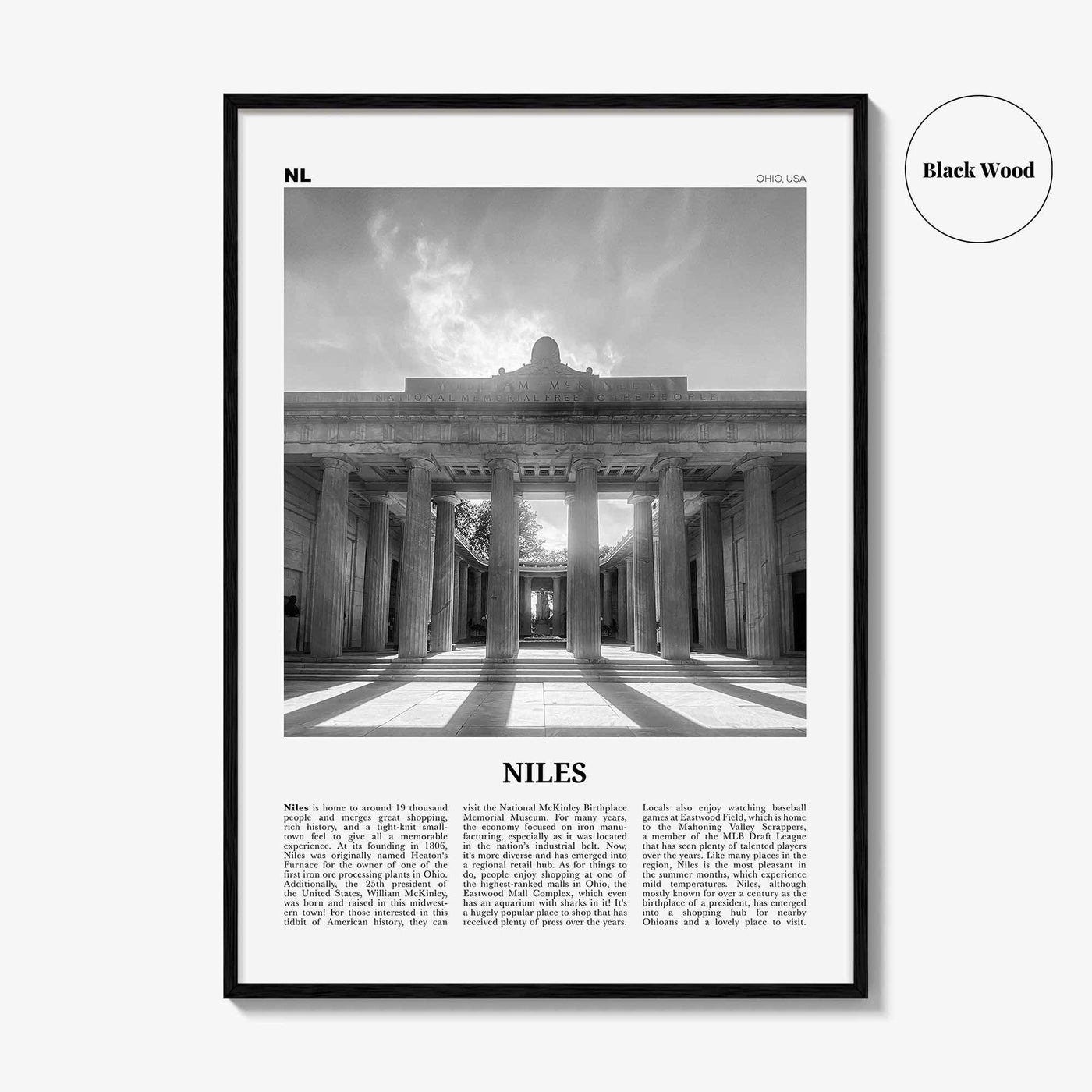 Niles Print Black and White, Niles Wall Art, Niles Poster, Niles Photo, Niles Wall Décor, Niles Map, Ohio, USA