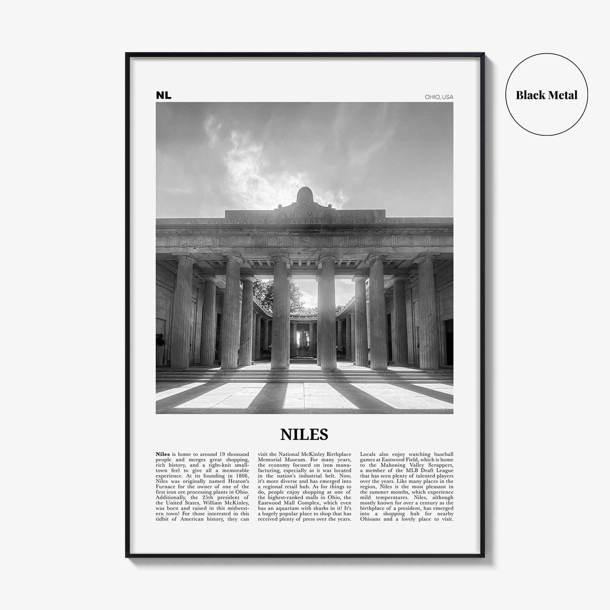 Niles Print Black and White, Niles Wall Art, Niles Poster, Niles Photo, Niles Wall Décor, Niles Map, Ohio, USA