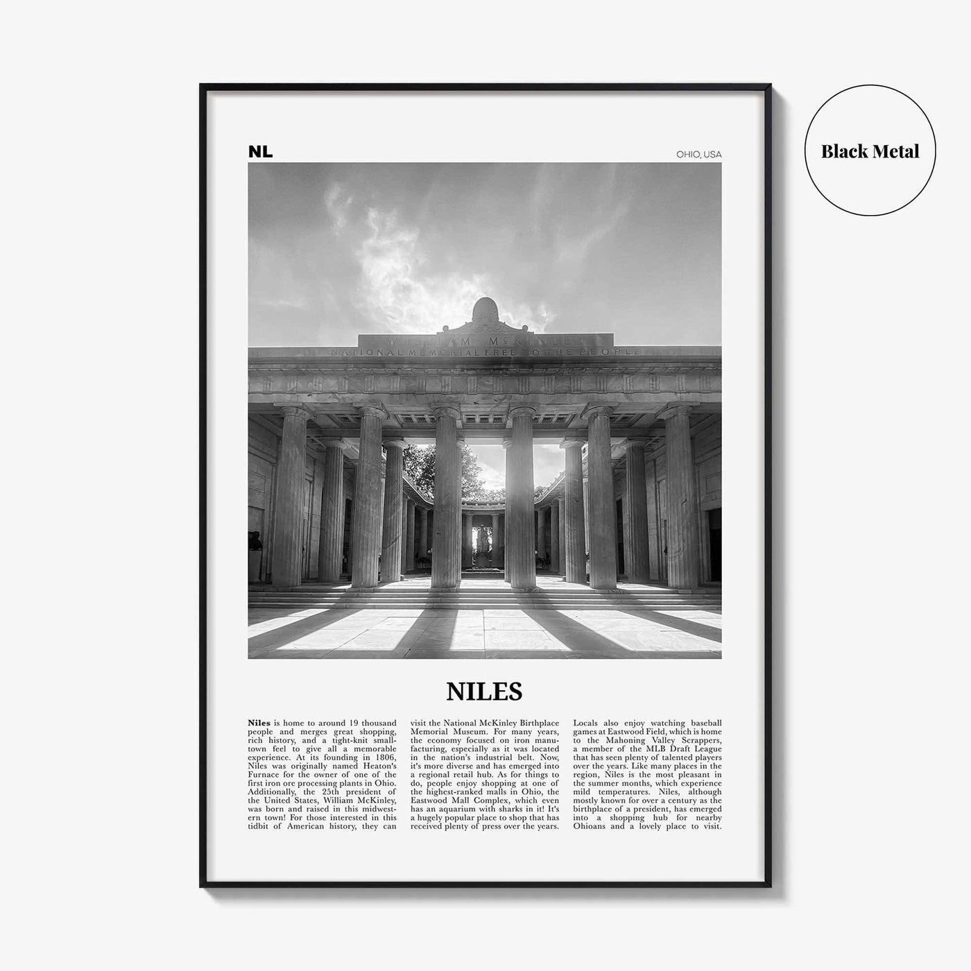 Niles Print Black and White, Niles Wall Art, Niles Poster, Niles Photo, Niles Wall Décor, Niles Map, Ohio, USA