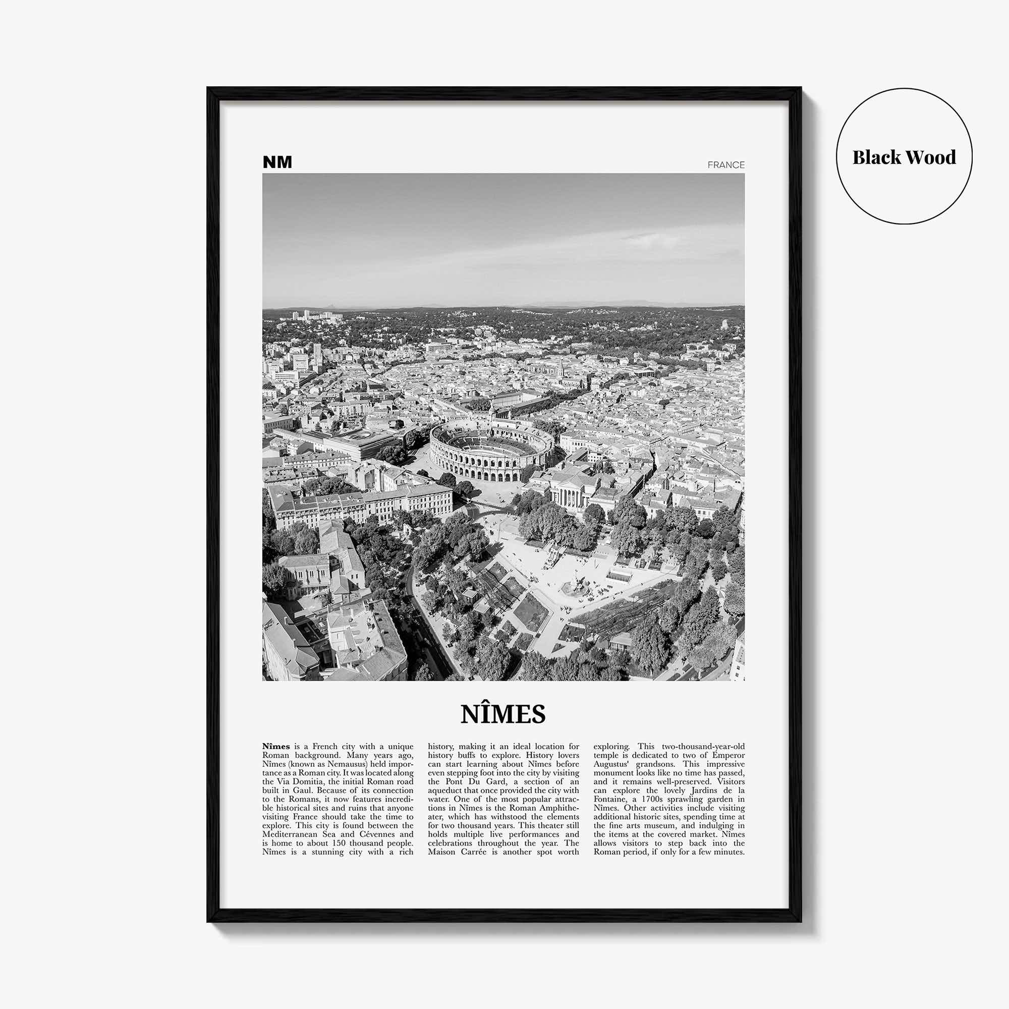 Nimes Print Black and White, Nîmes Wall Art, Nîmes Poster, Nîmes Photo, Nîmes Wall Décor, Nîmes Map, France
