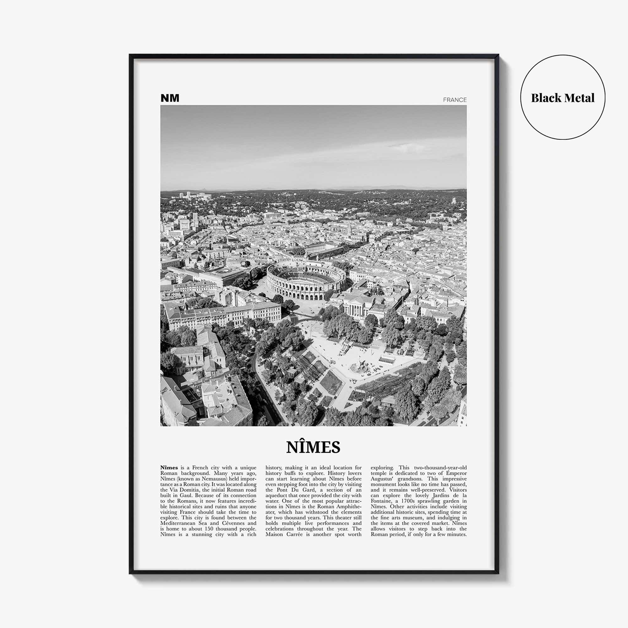 Nimes Print Black and White, Nîmes Wall Art, Nîmes Poster, Nîmes Photo, Nîmes Wall Décor, Nîmes Map, France