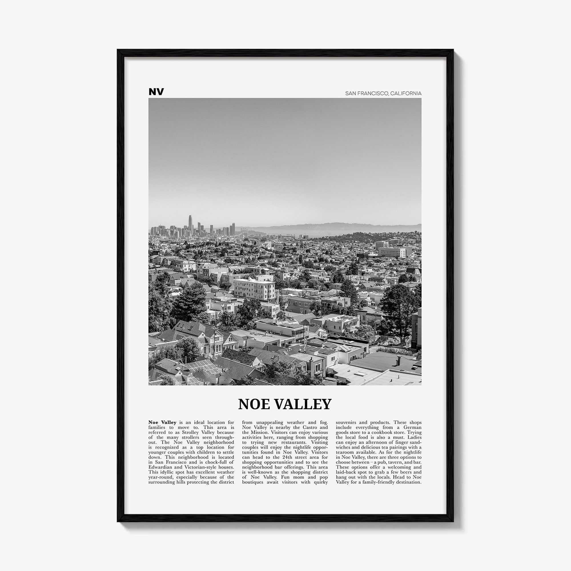 Noe Valley Print Black and White, Noe Valley Wall Art, Noe Valley Poster, Noe Valley Photo, Noe Valley Décor, Noe Valley Map, California