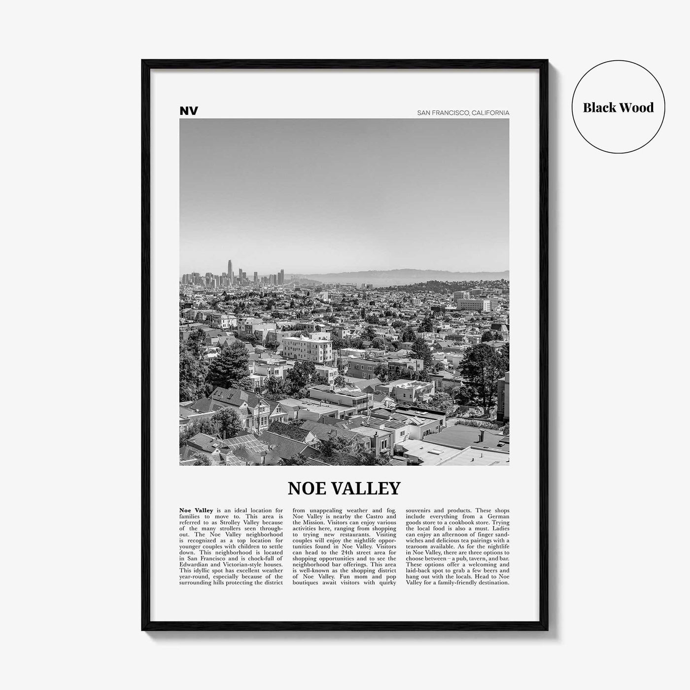 Noe Valley Print Black and White, Noe Valley Wall Art, Noe Valley Poster, Noe Valley Photo, Noe Valley Décor, Noe Valley Map, California