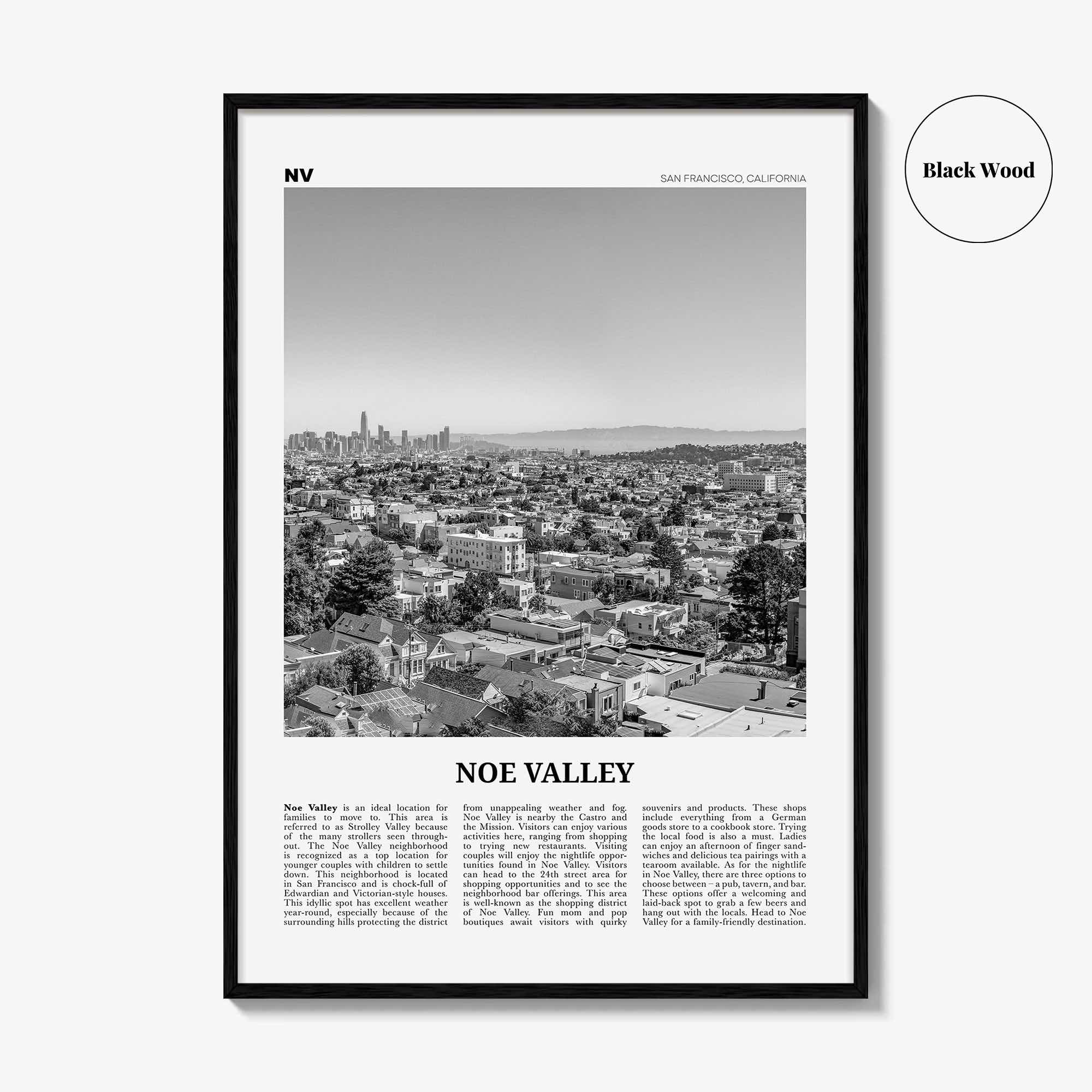 Noe Valley Print Black and White, Noe Valley Wall Art, Noe Valley Poster, Noe Valley Photo, Noe Valley Décor, Noe Valley Map, California