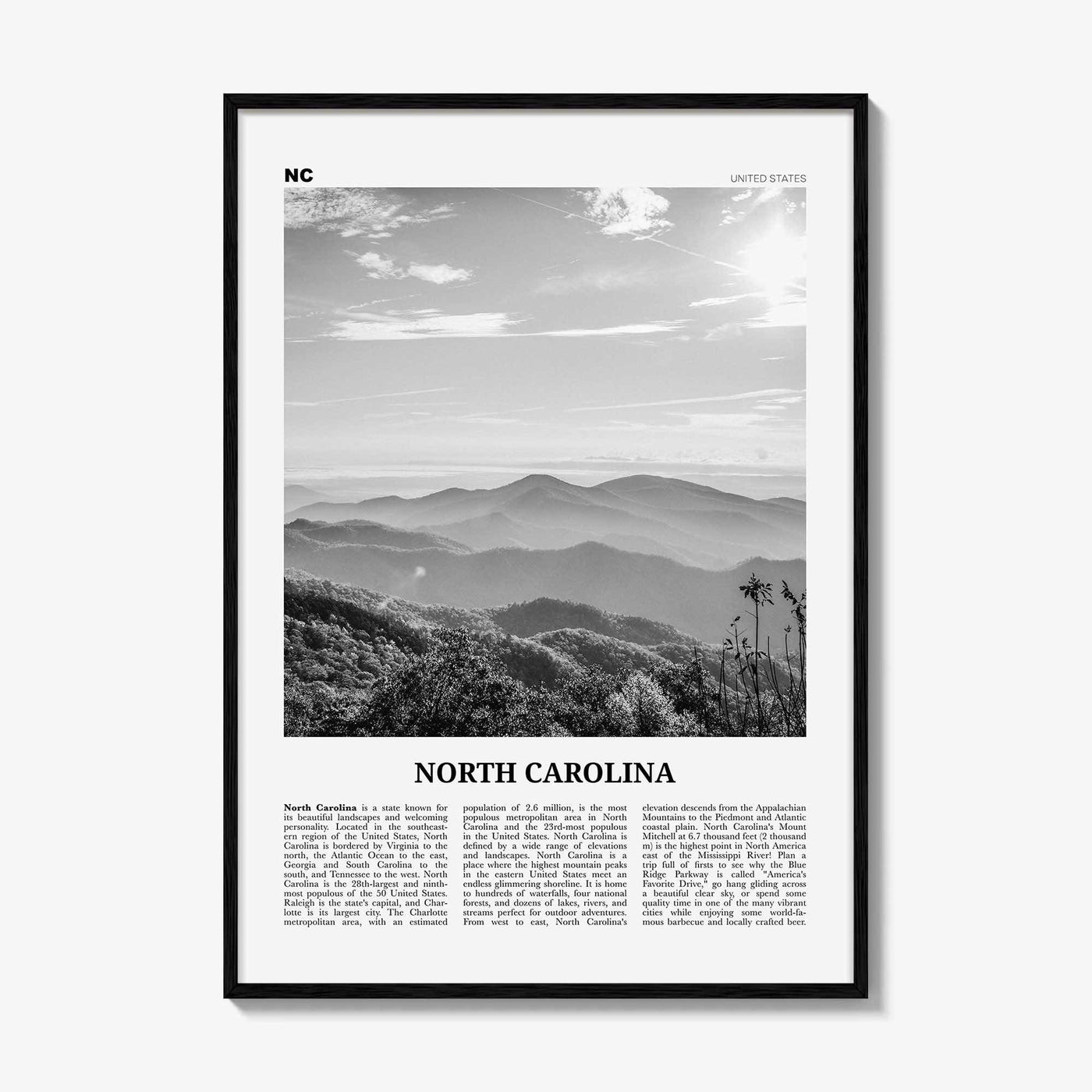 North Carolina Print Black and White No 2, North Carolina Wall Art, North Carolina Poster, North Carolina Photo, USA United States