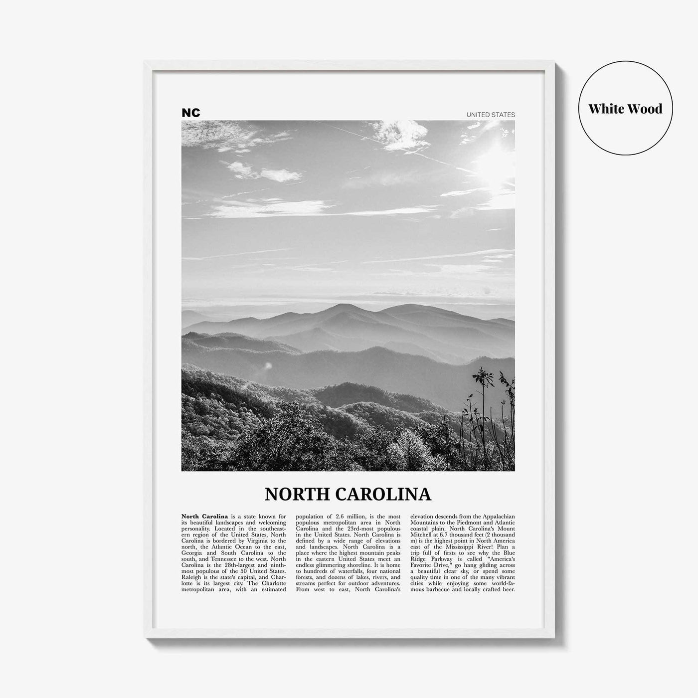 North Carolina Print Black and White No 2, North Carolina Wall Art, North Carolina Poster, North Carolina Photo, USA United States