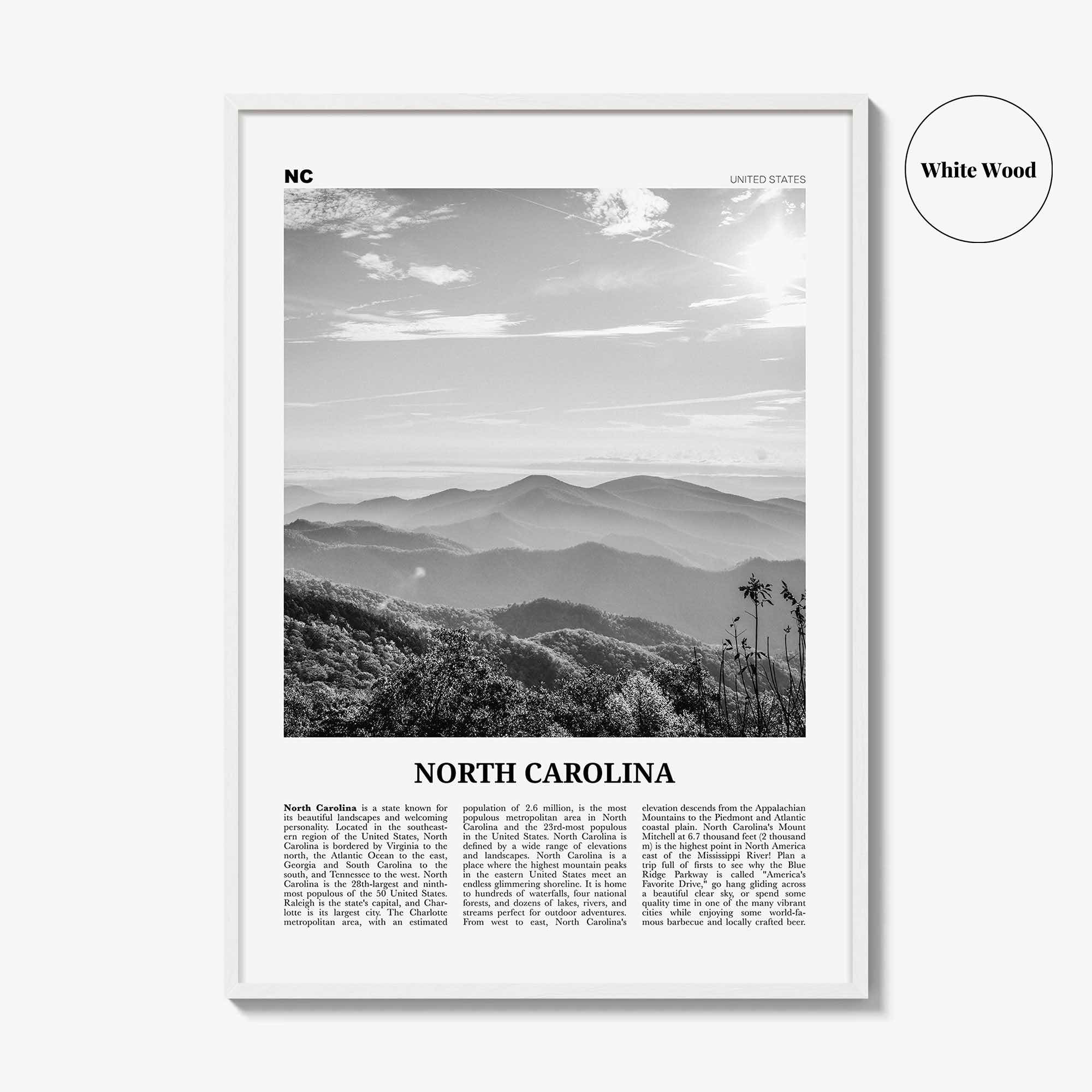 North Carolina Print Black and White No 2, North Carolina Wall Art, North Carolina Poster, North Carolina Photo, USA United States