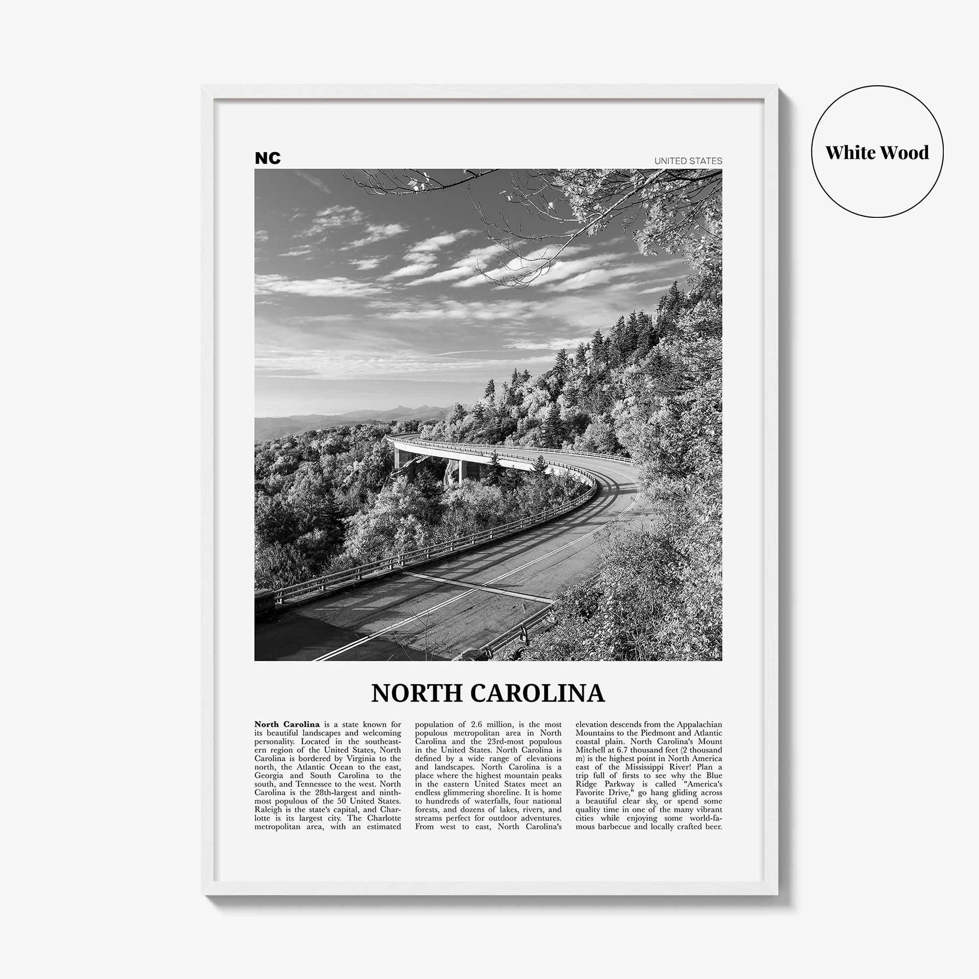 North Carolina Print Black and White No 3, North Carolina Art, North Carolina Poster, North Carolina Photo, North Carolina Map