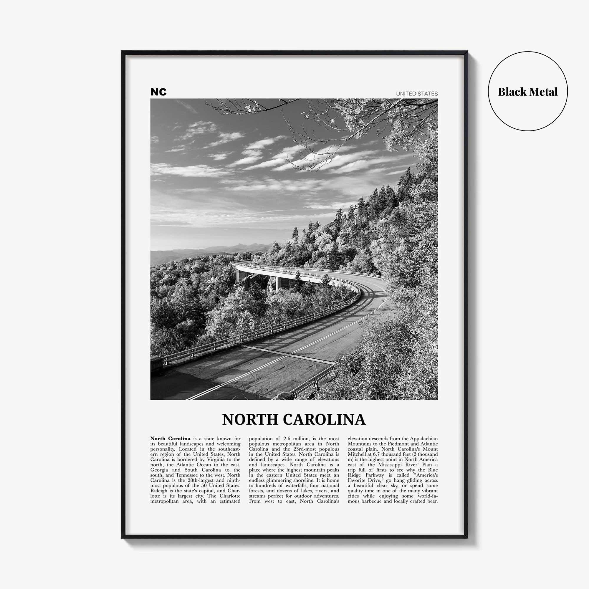 North Carolina Print Black and White No 3, North Carolina Art, North Carolina Poster, North Carolina Photo, North Carolina Map