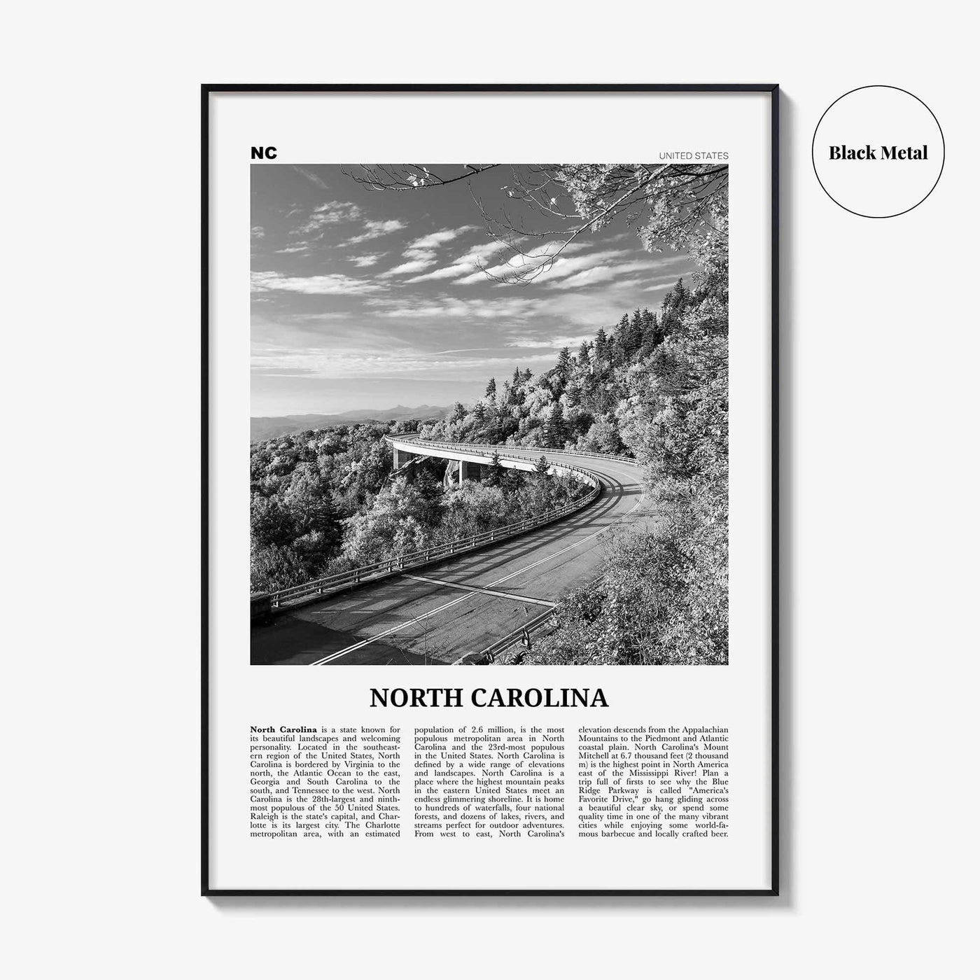 North Carolina Print Black and White No 3, North Carolina Art, North Carolina Poster, North Carolina Photo, North Carolina Map