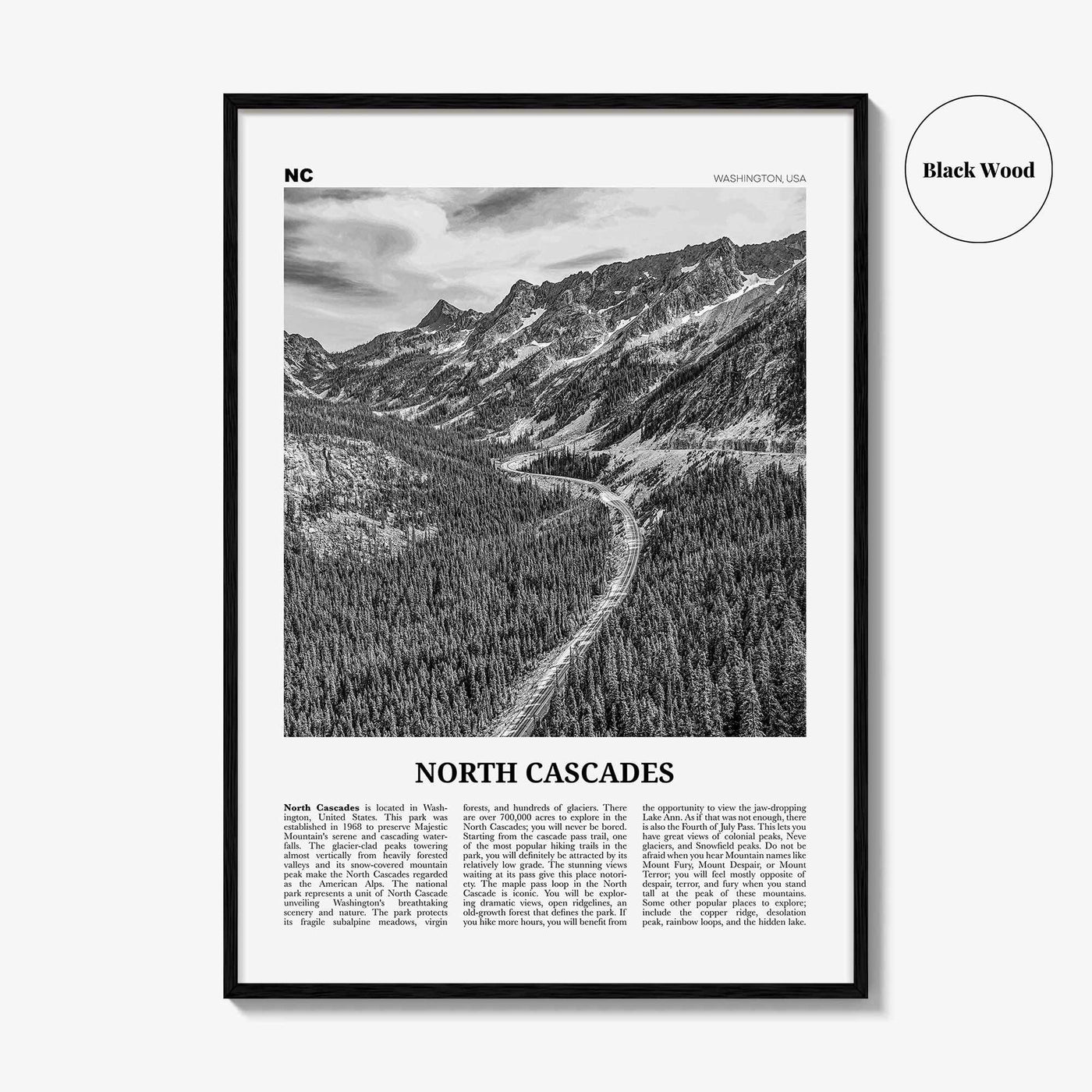North Cascades National Park Print Black and White, North Cascades Wall Art, North Cascades Poster, North Cascades Photo, Washington, USA