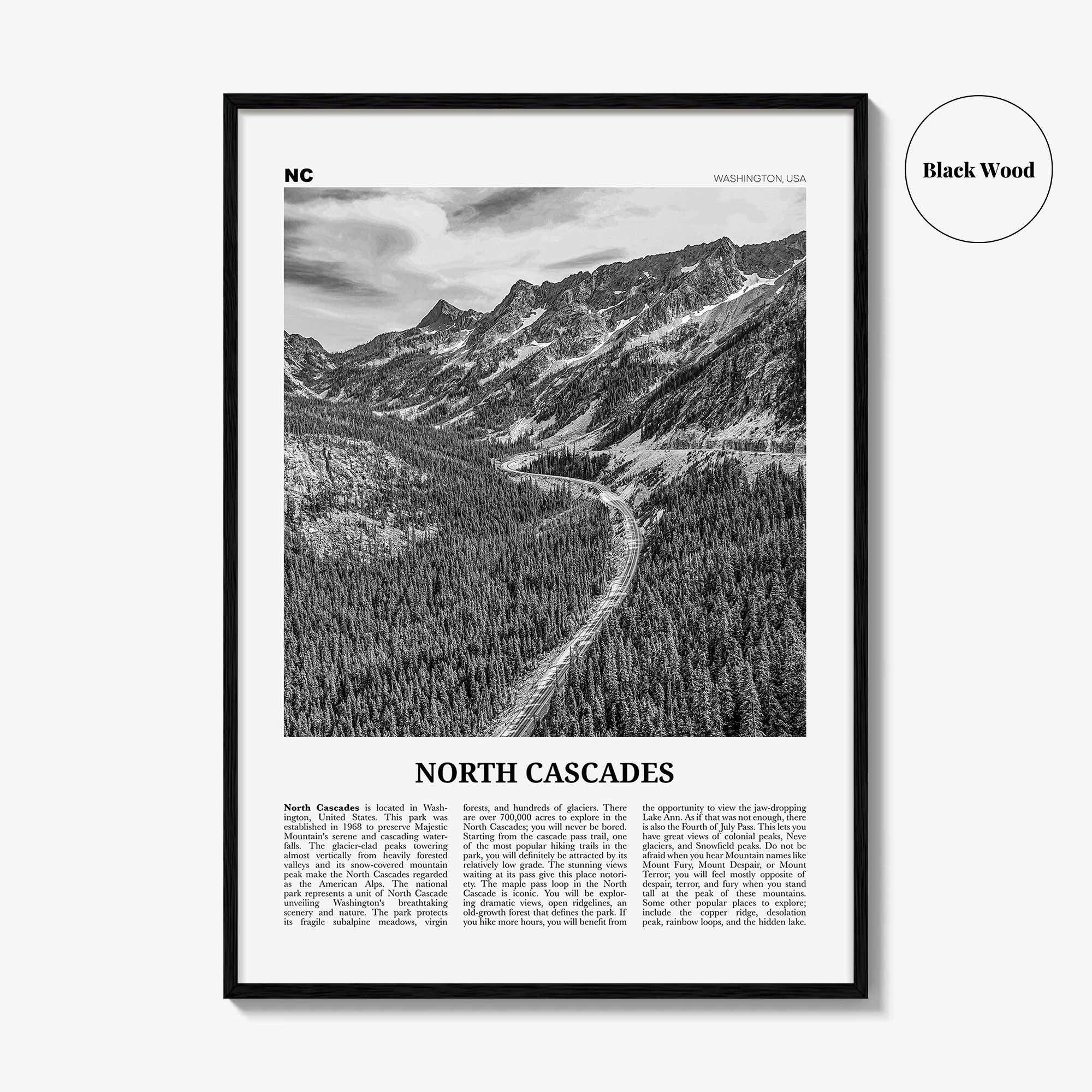 North Cascades National Park Print Black and White, North Cascades Wall Art, North Cascades Poster, North Cascades Photo, Washington, USA