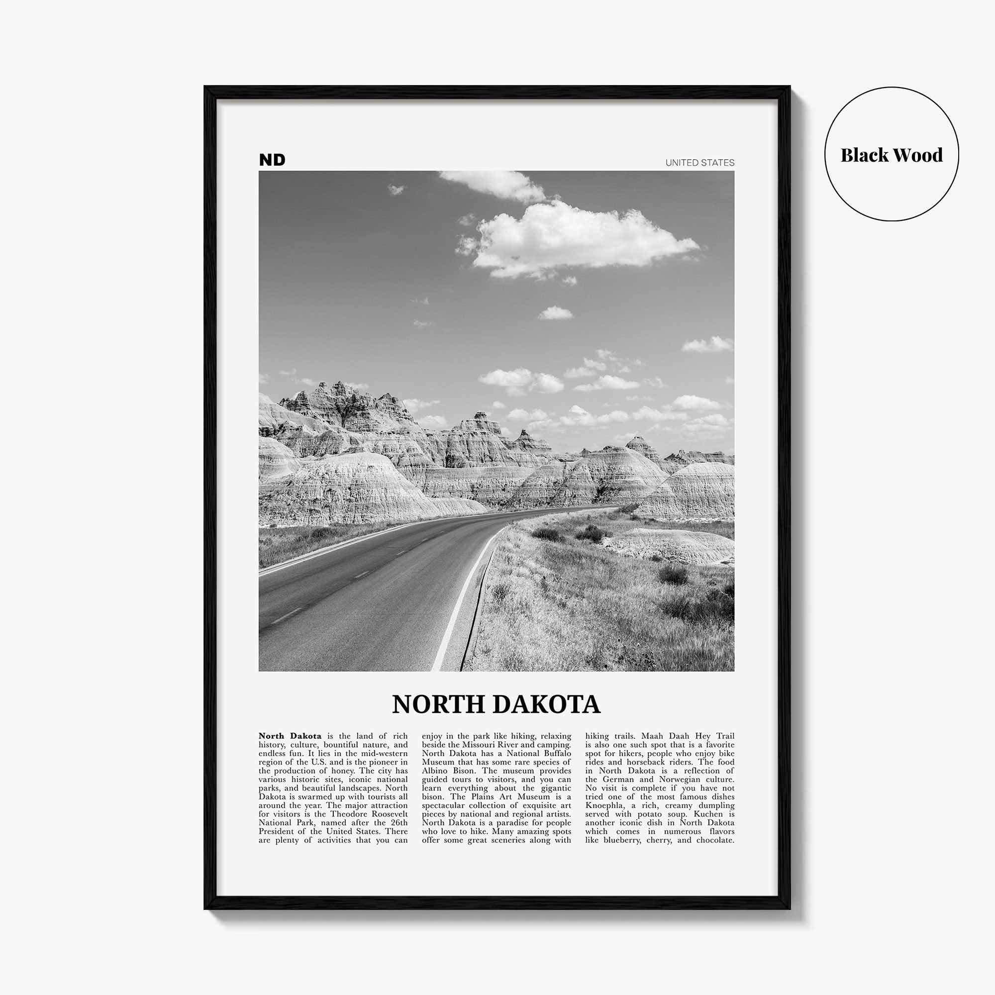 North Dakota Print Black and White No 1, North Dakota Art, North Dakota Poster, North Dakota Photo, North Dakota Décor, North Dakota Map