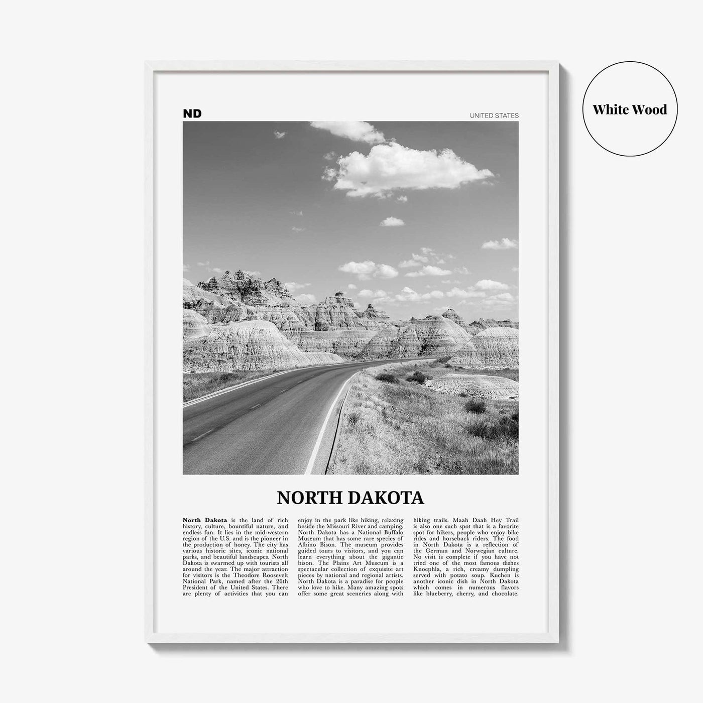 North Dakota Print Black and White No 1, North Dakota Art, North Dakota Poster, North Dakota Photo, North Dakota Décor, North Dakota Map