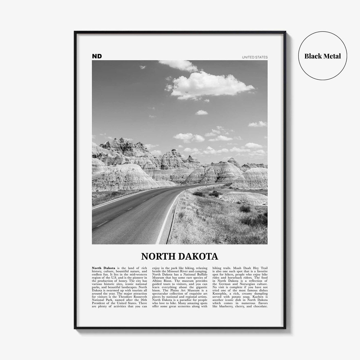 North Dakota Print Black and White No 1, North Dakota Art, North Dakota Poster, North Dakota Photo, North Dakota Décor, North Dakota Map