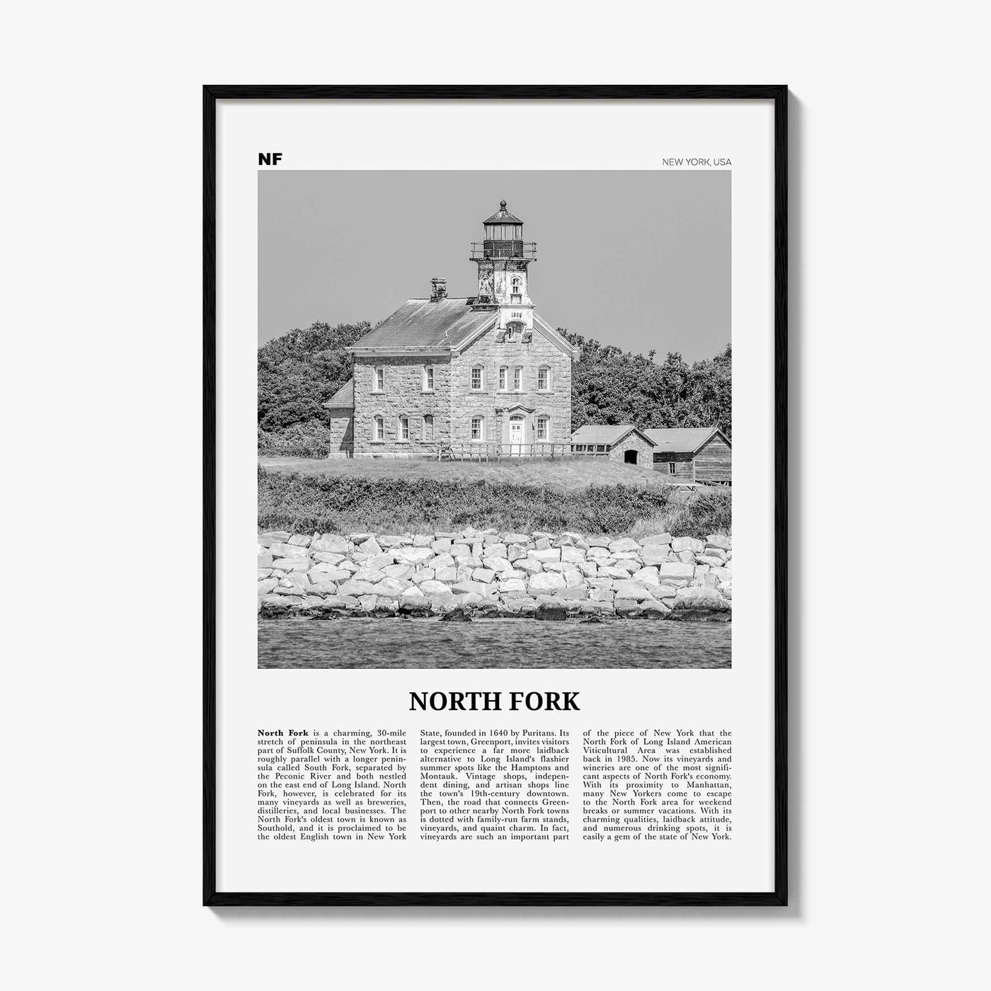 North Fork Print Black and White, North Fork Wall Art, North Fork Poster, North Fork Photo, North Fork Décor, North Fork Map, New York, USA