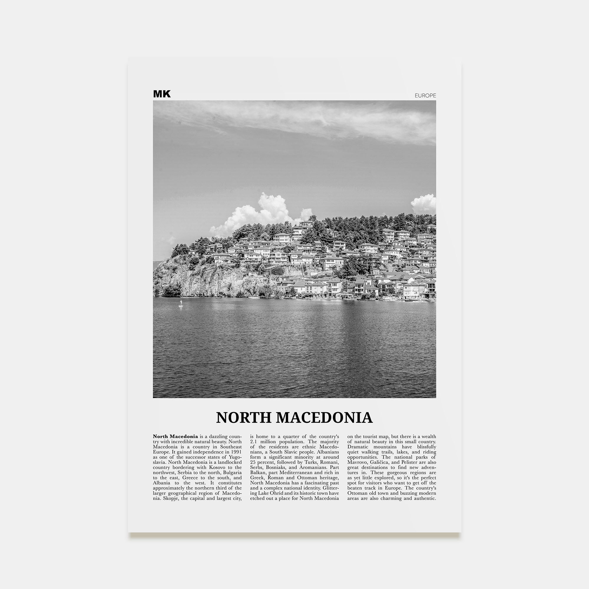 North Macedonia Travel B&W Poster