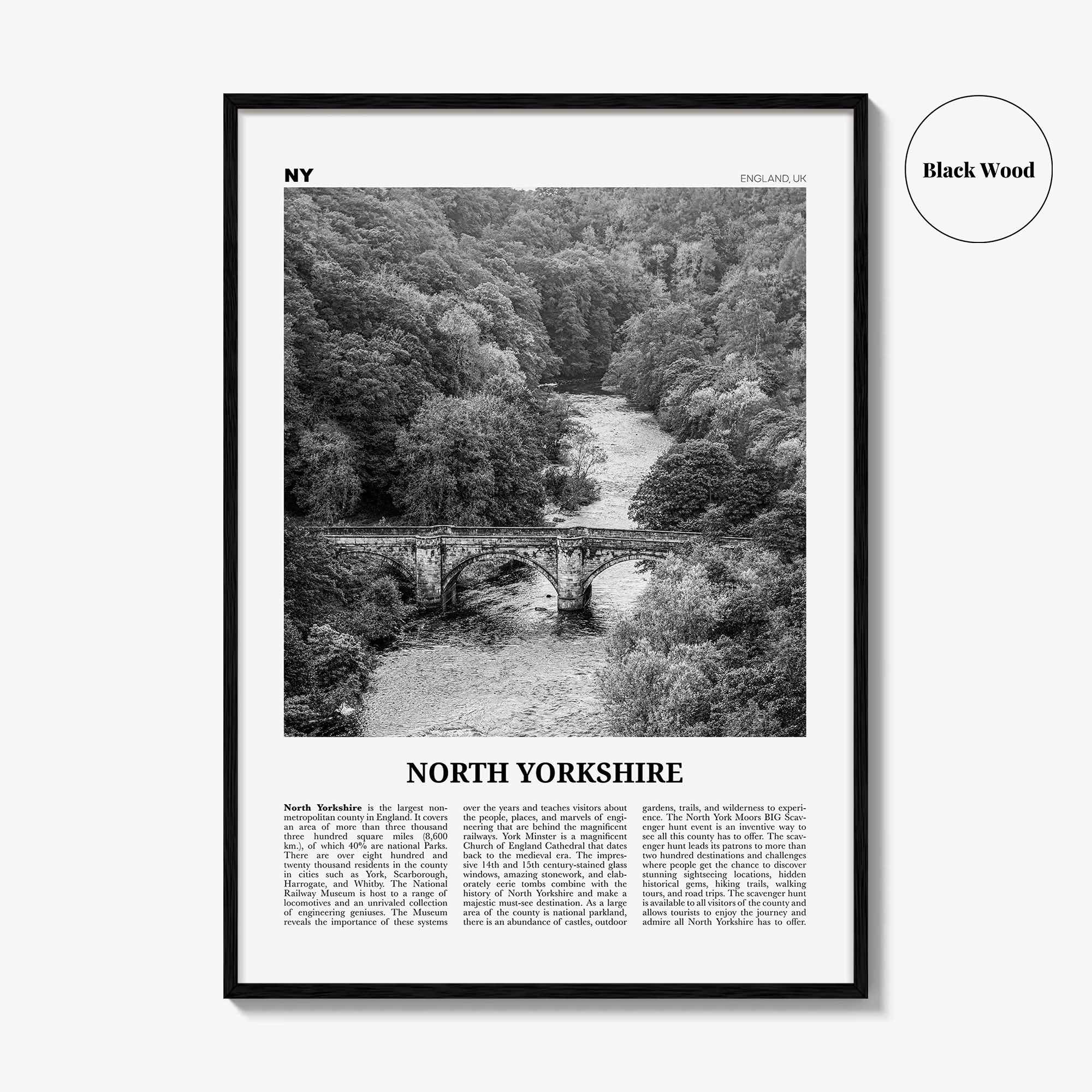 North Yorkshire Print Black and White, North Yorkshire Wall Art, North Yorkshire Poster, North Yorkshire Photo, North Yorkshire Map, England