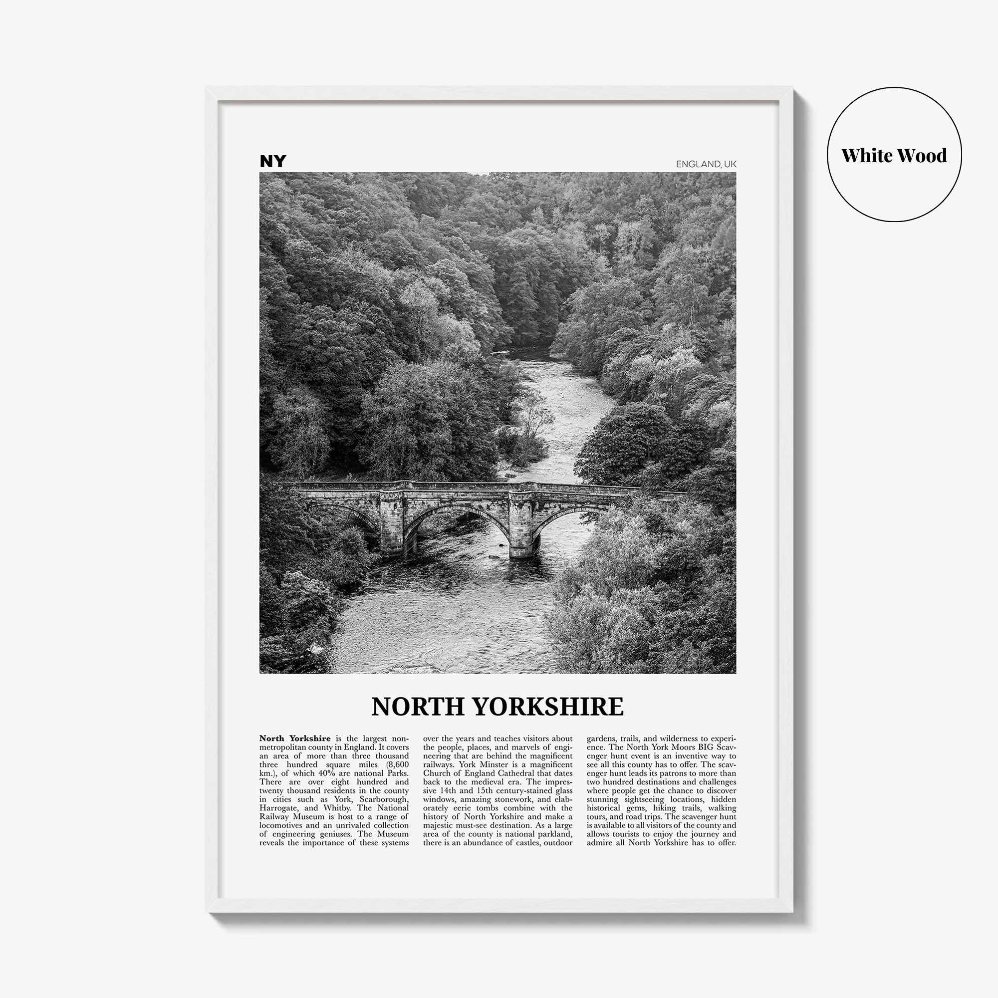 North Yorkshire Print Black and White, North Yorkshire Wall Art, North Yorkshire Poster, North Yorkshire Photo, North Yorkshire Map, England