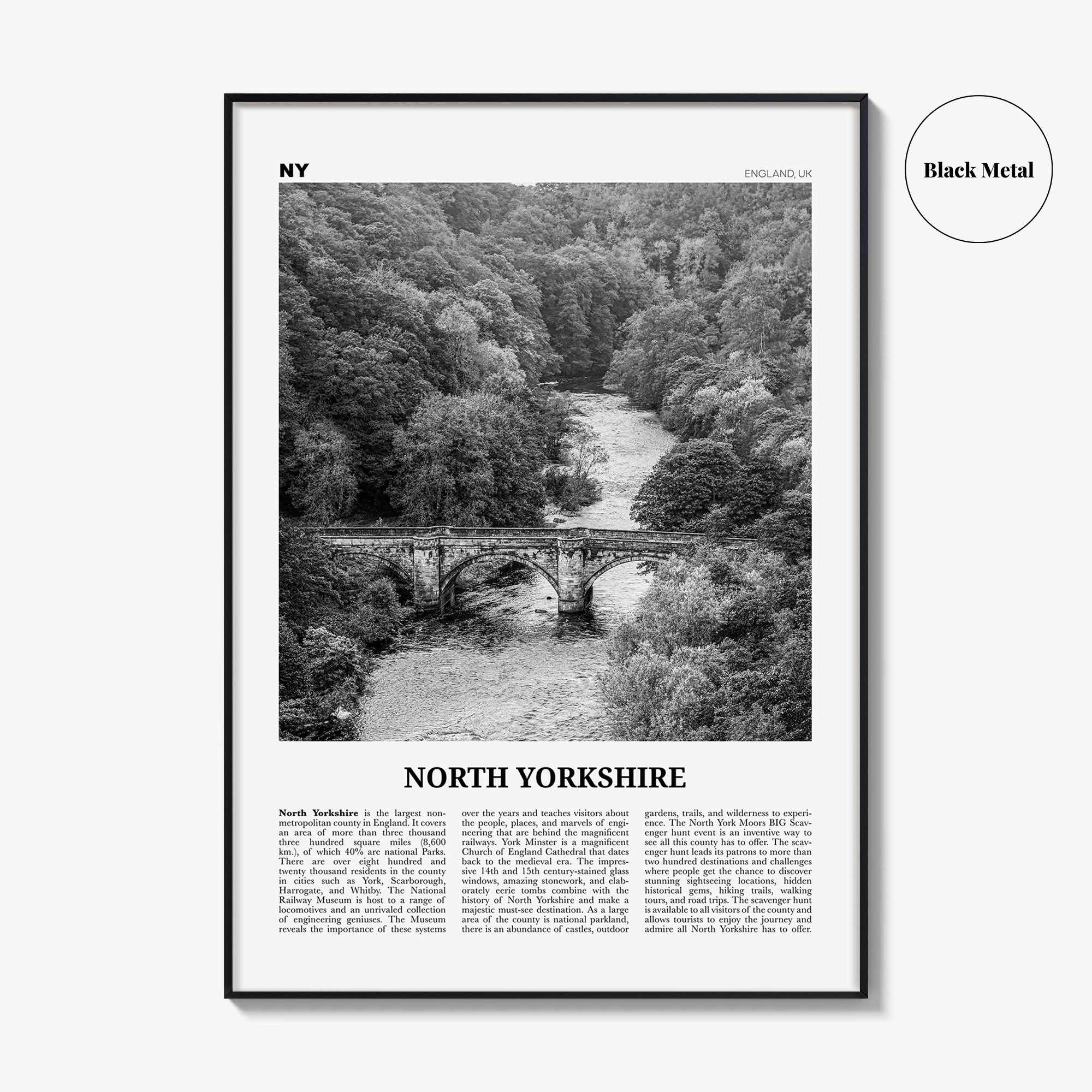 North Yorkshire Print Black and White, North Yorkshire Wall Art, North Yorkshire Poster, North Yorkshire Photo, North Yorkshire Map, England