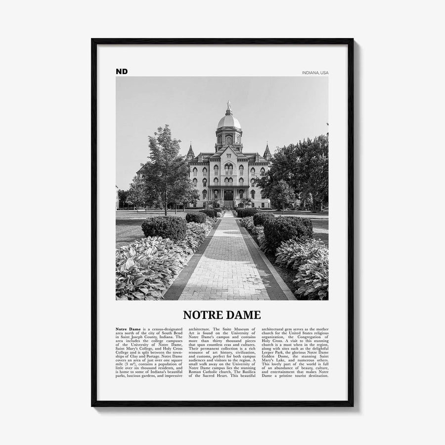 Notre Dame Print Black and White Indiana, Notre Dame Wall Art, Notre Dame Poster, Notre Dame Photo, Notre Dame Map, Indiana, United States