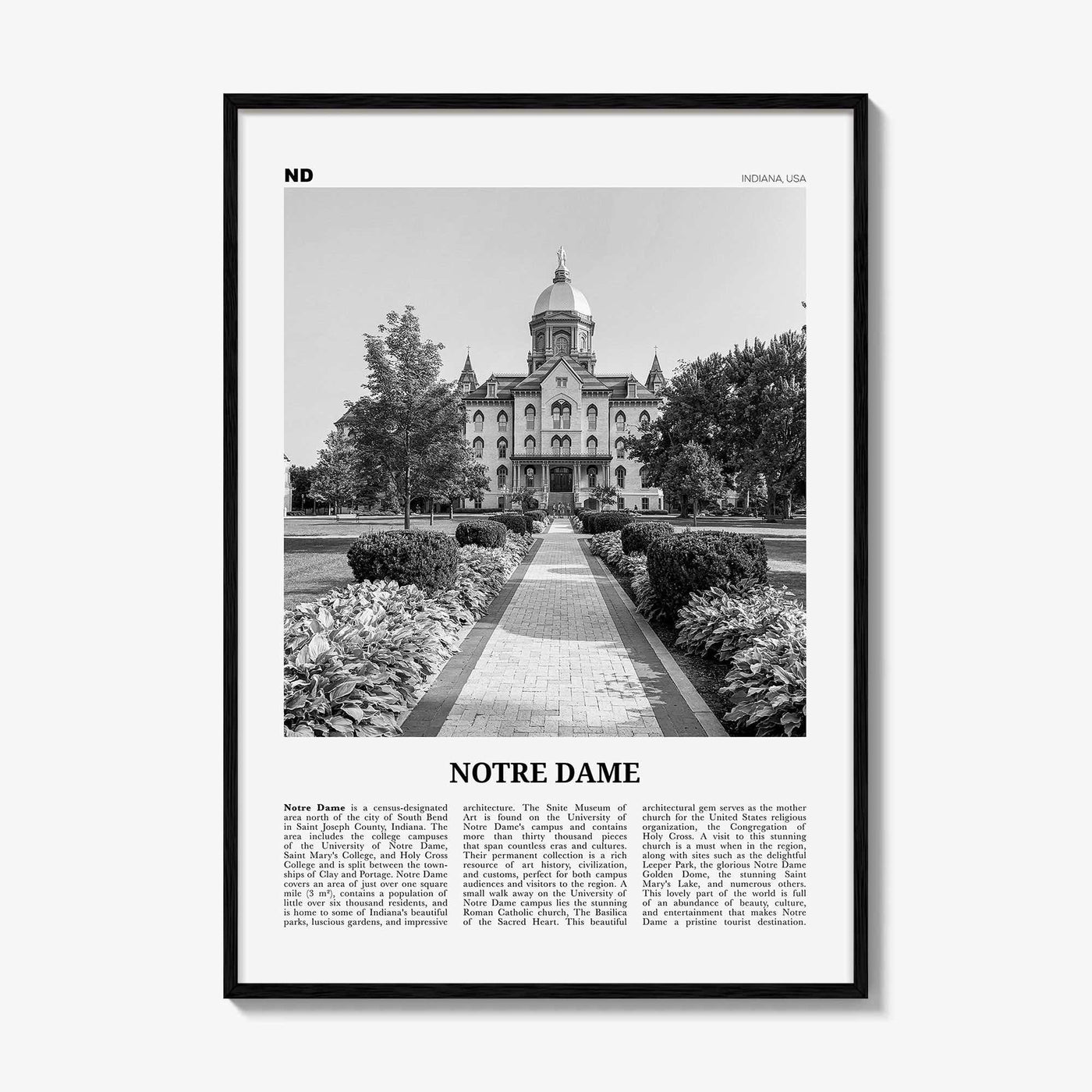 Notre Dame Print Black and White Indiana, Notre Dame Wall Art, Notre Dame Poster, Notre Dame Photo, Notre Dame Map, Indiana, United States