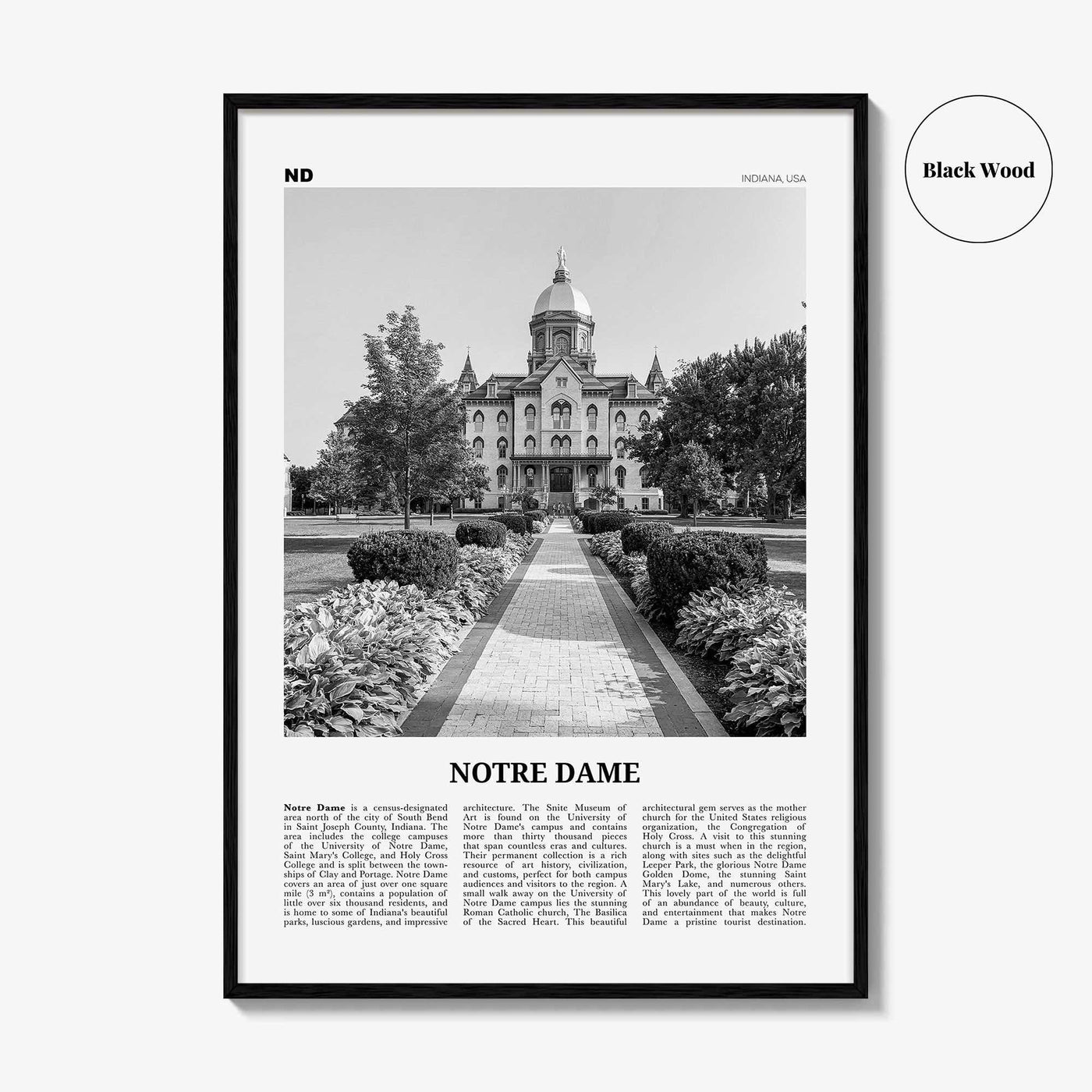 Notre Dame Print Black and White Indiana, Notre Dame Wall Art, Notre Dame Poster, Notre Dame Photo, Notre Dame Map, Indiana, United States