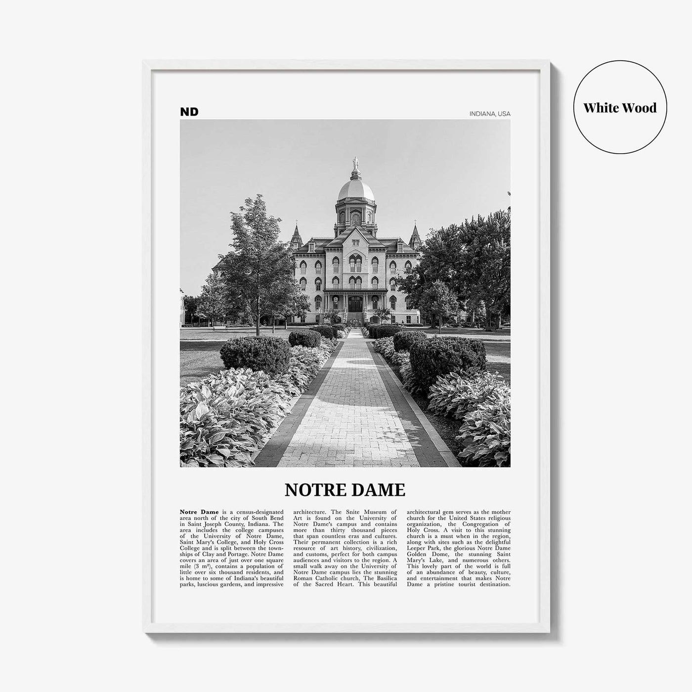 Notre Dame Print Black and White Indiana, Notre Dame Wall Art, Notre Dame Poster, Notre Dame Photo, Notre Dame Map, Indiana, United States