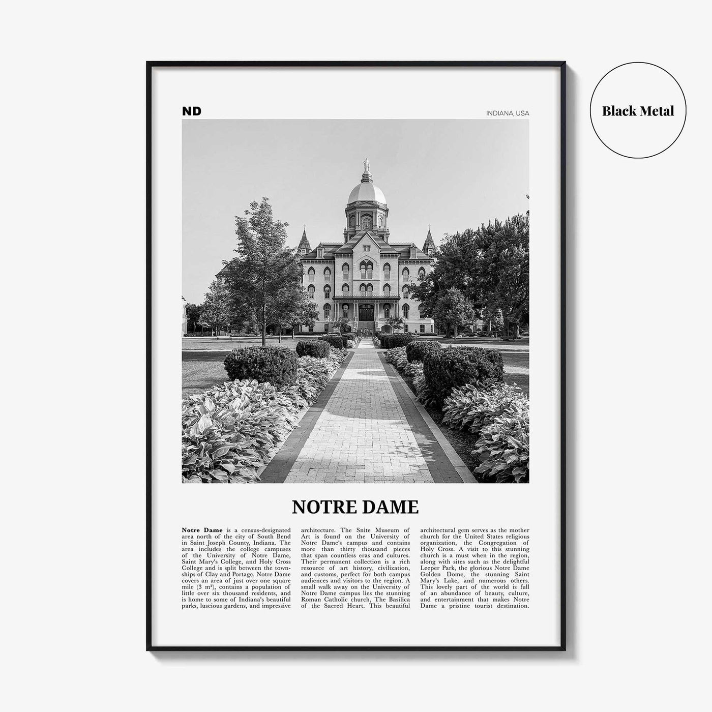Notre Dame Print Black and White Indiana, Notre Dame Wall Art, Notre Dame Poster, Notre Dame Photo, Notre Dame Map, Indiana, United States