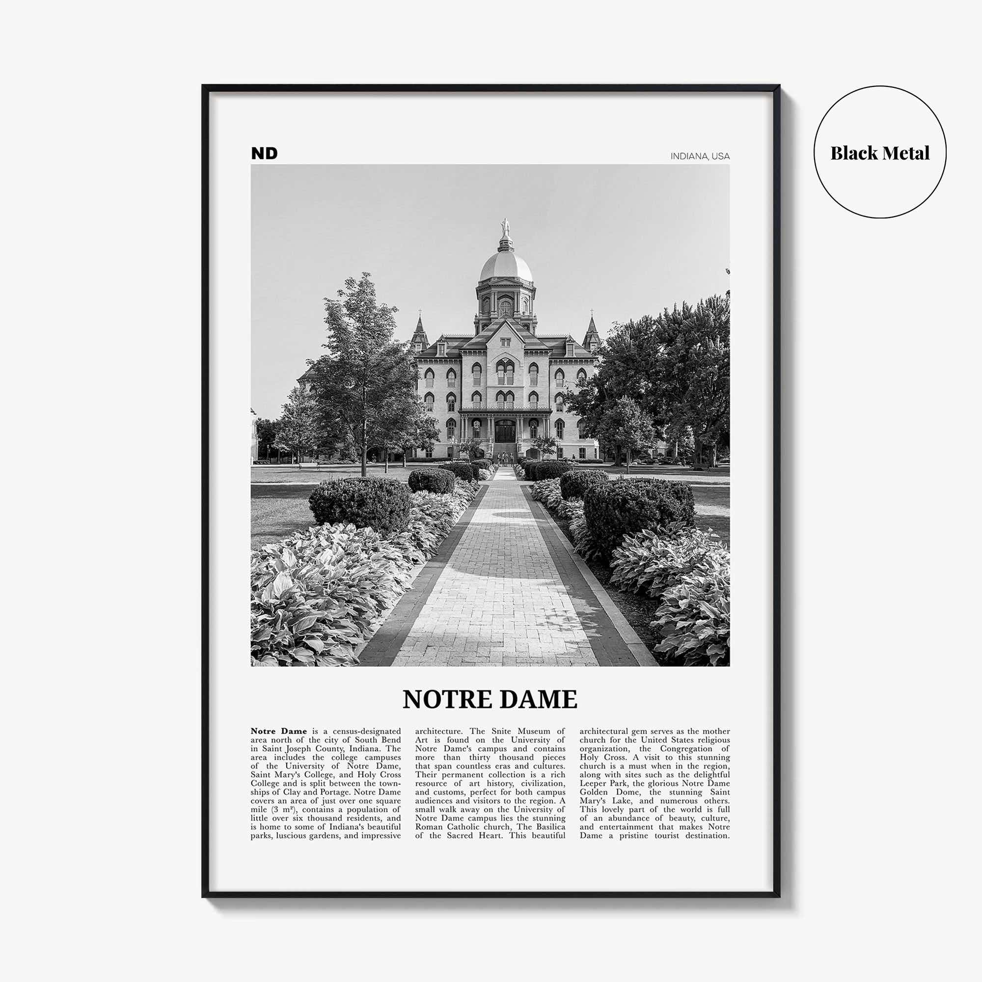 Notre Dame Print Black and White Indiana, Notre Dame Wall Art, Notre Dame Poster, Notre Dame Photo, Notre Dame Map, Indiana, United States