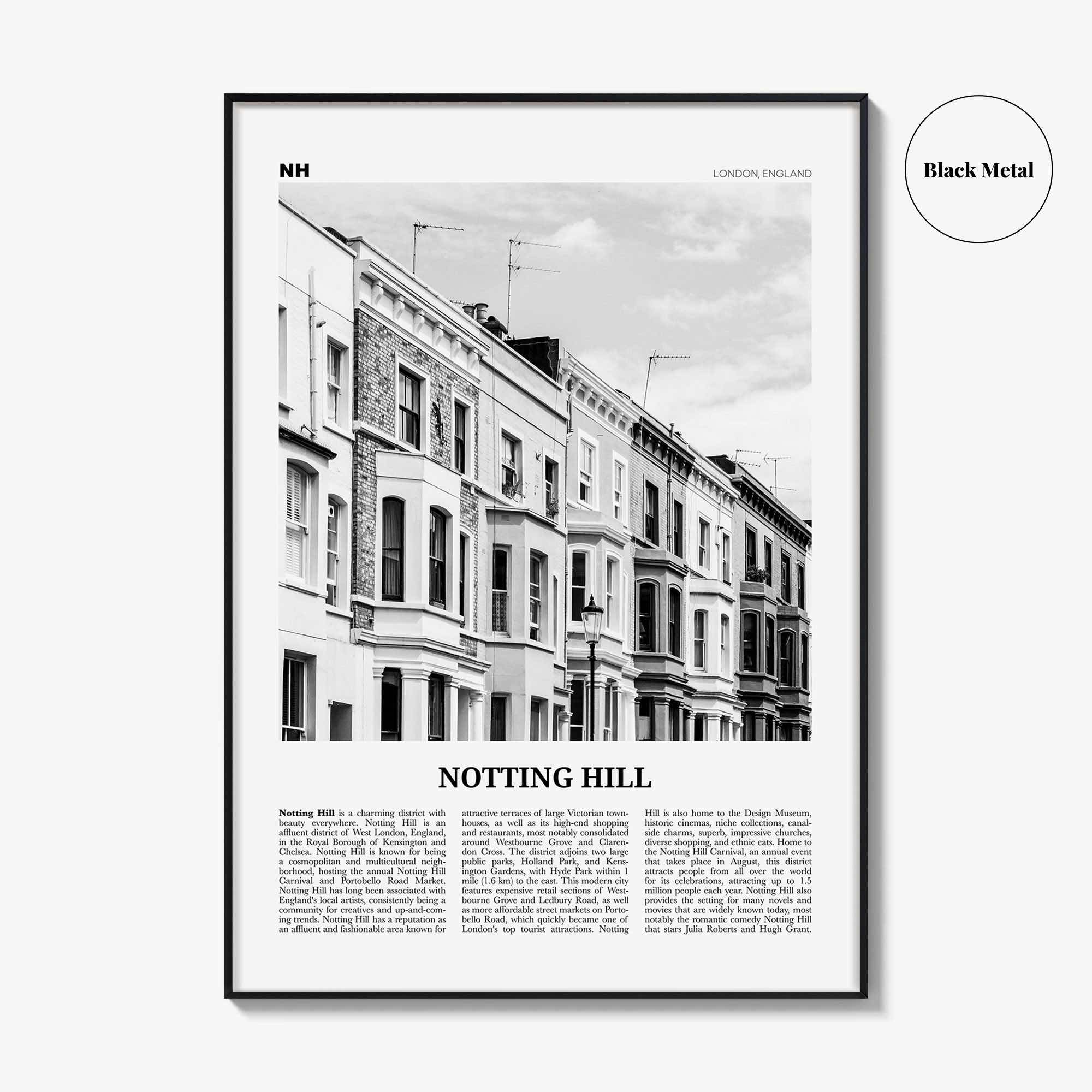 Notting Hill Print Black and White, Notting Hill Wall Art, Notting Hill Poster, Notting Hill Photo, London, England UK United Kingdom Europe