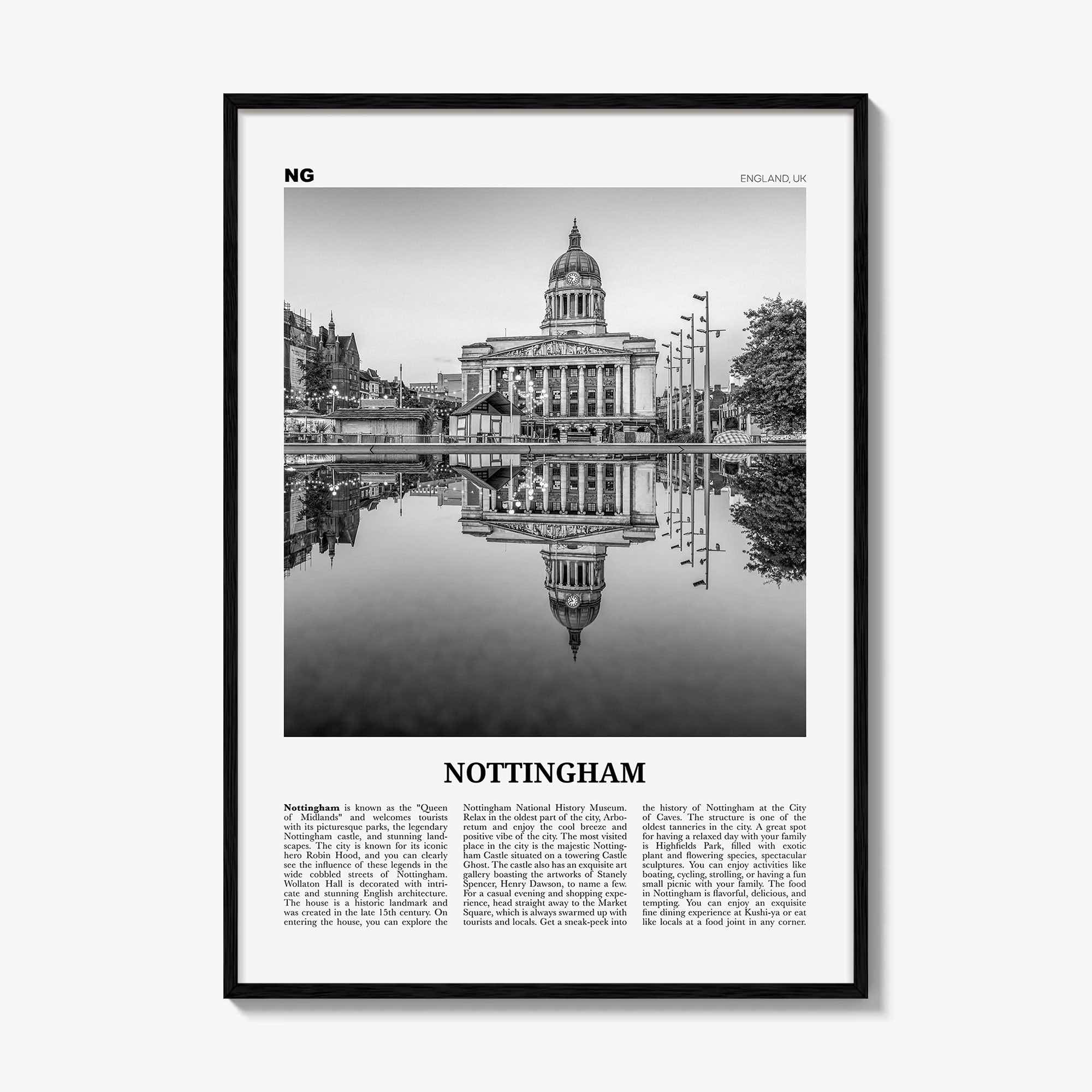 Nottingham Print Black and White, Nottingham Wall Art, Nottingham Poster, Nottingham Photo, Nottingham Décor, England, UK, United Kingdom