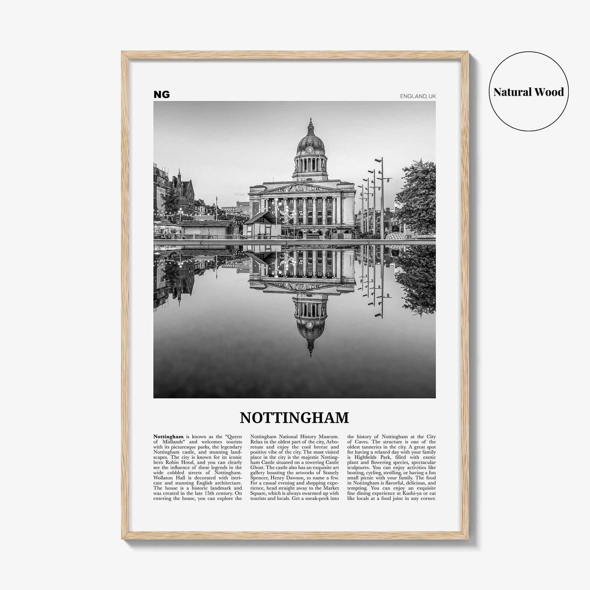 Nottingham Print Black and White, Nottingham Wall Art, Nottingham Poster, Nottingham Photo, Nottingham Décor, England, UK, United Kingdom