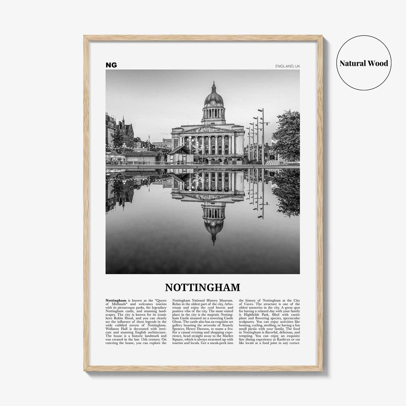 Nottingham Print Black and White, Nottingham Wall Art, Nottingham Poster, Nottingham Photo, Nottingham Décor, England, UK, United Kingdom