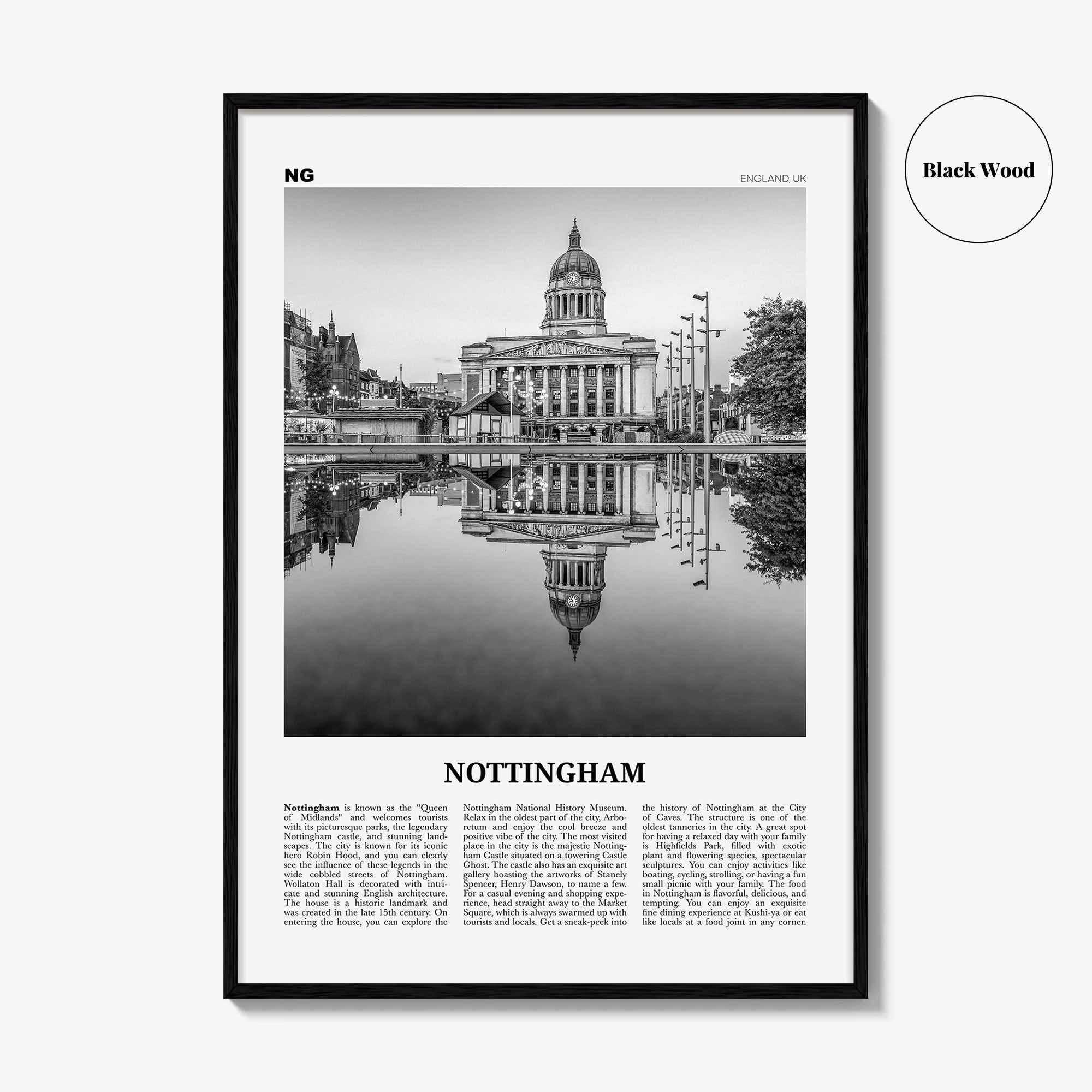 Nottingham Print Black and White, Nottingham Wall Art, Nottingham Poster, Nottingham Photo, Nottingham Décor, England, UK, United Kingdom