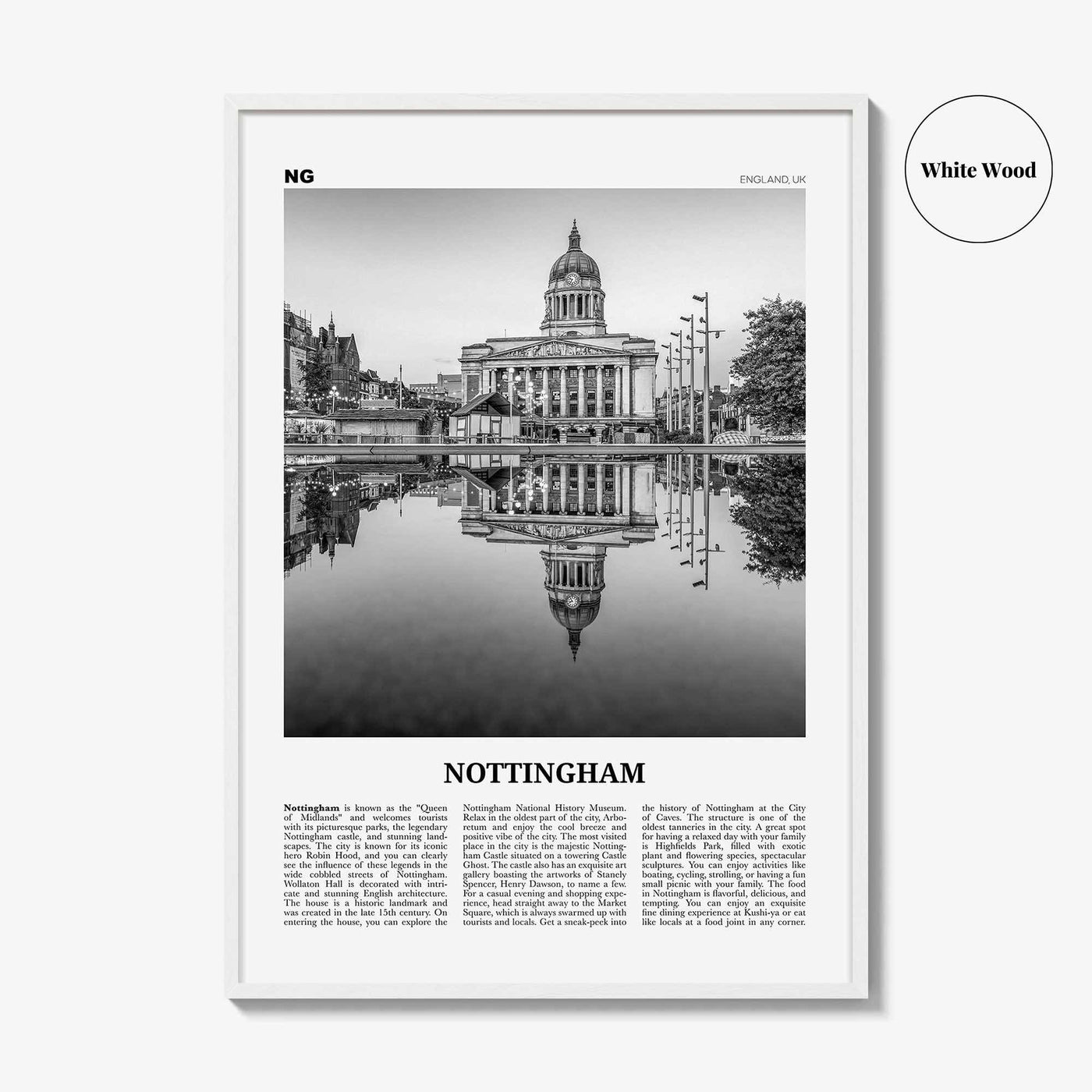 Nottingham Print Black and White, Nottingham Wall Art, Nottingham Poster, Nottingham Photo, Nottingham Décor, England, UK, United Kingdom