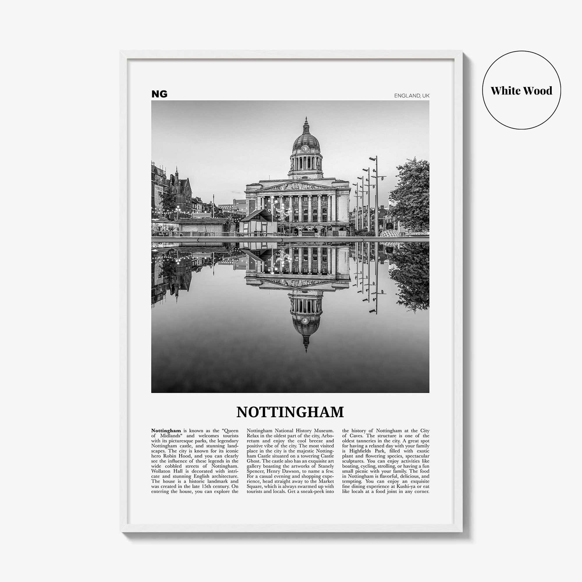 Nottingham Print Black and White, Nottingham Wall Art, Nottingham Poster, Nottingham Photo, Nottingham Décor, England, UK, United Kingdom