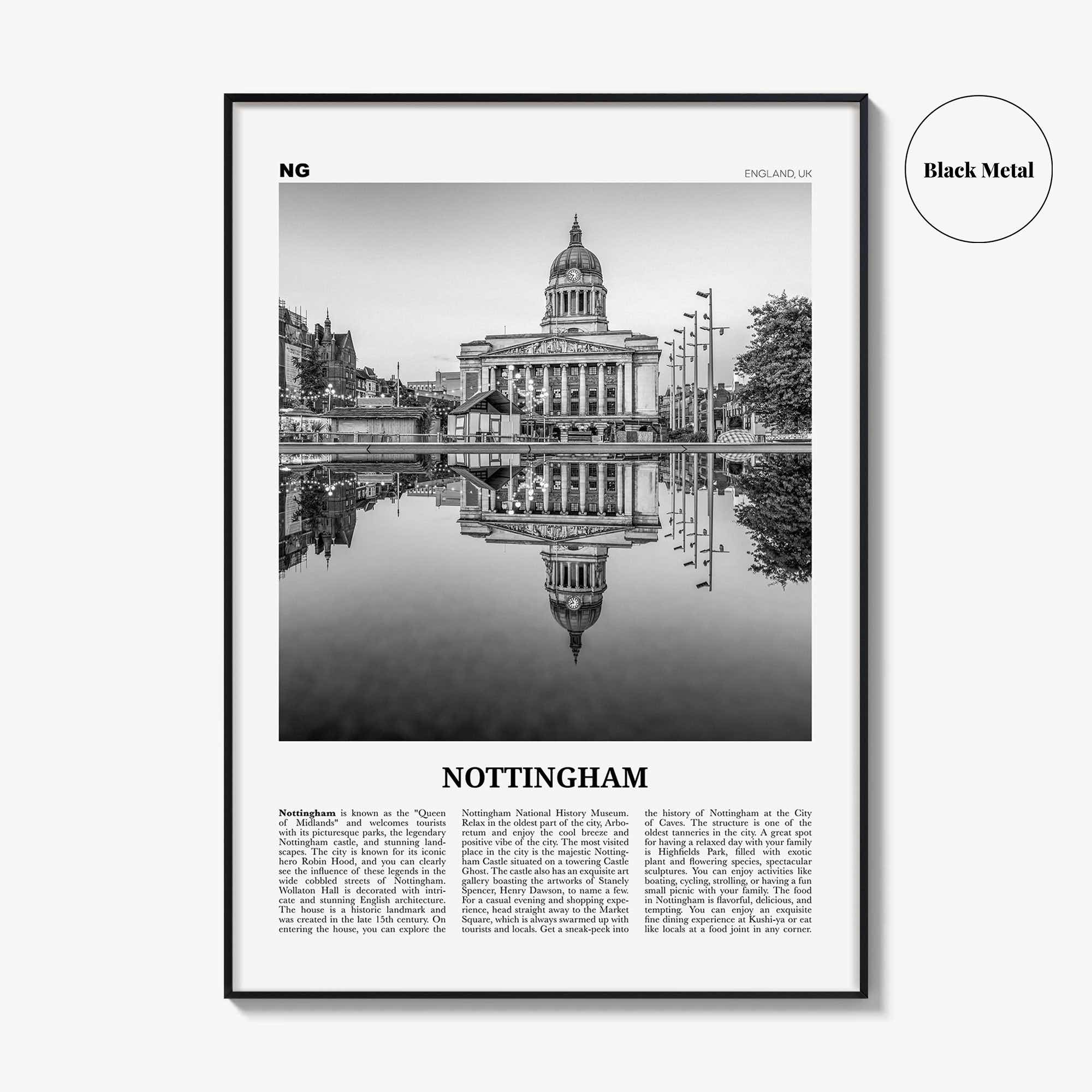 Nottingham Print Black and White, Nottingham Wall Art, Nottingham Poster, Nottingham Photo, Nottingham Décor, England, UK, United Kingdom