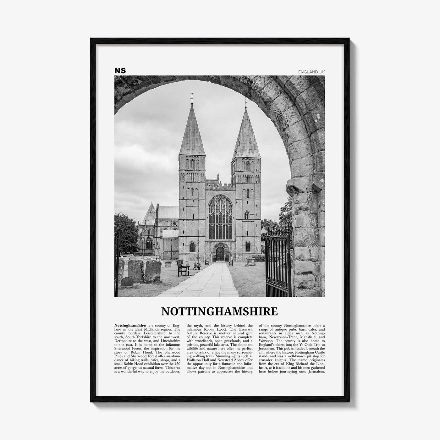 Nottinghamshire Print Black and White, Nottinghamshire Wall Art, Nottinghamshire Poster, Nottinghamshire Photo, Nottinghamshire Map, England