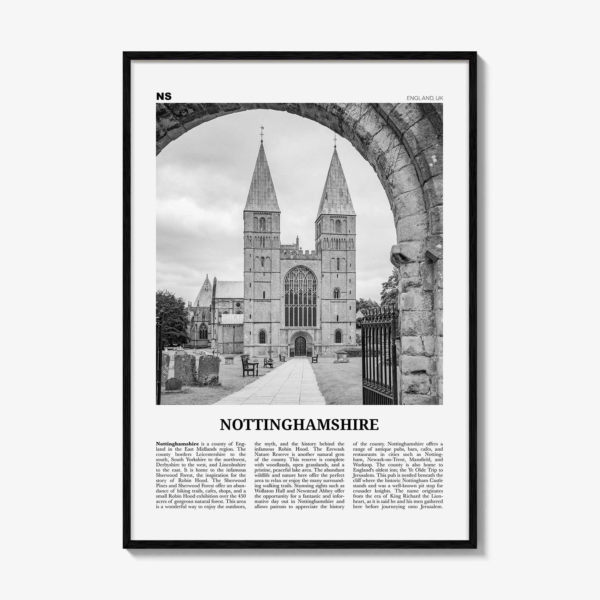 Nottinghamshire Print Black and White, Nottinghamshire Wall Art, Nottinghamshire Poster, Nottinghamshire Photo, Nottinghamshire Map, England