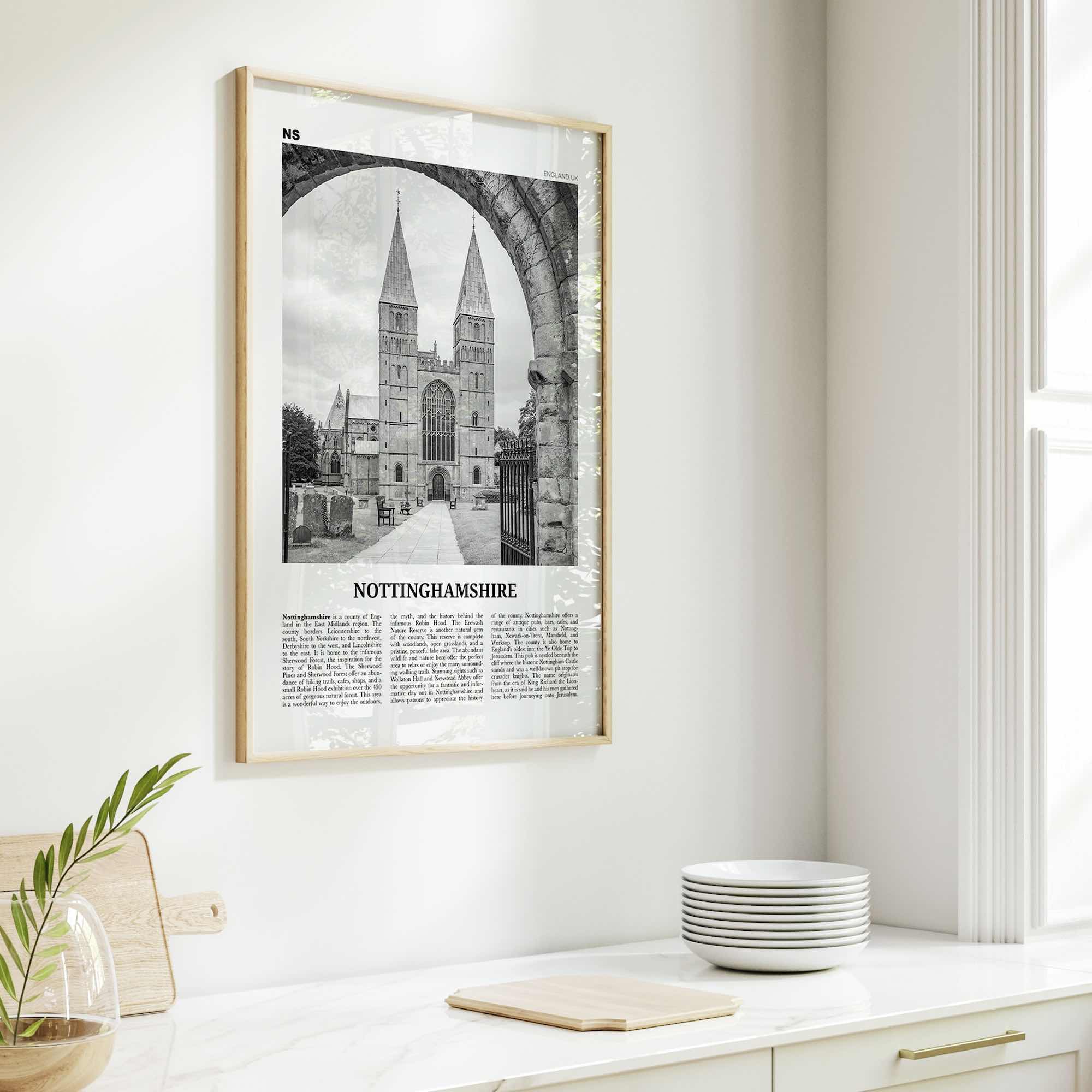 Nottinghamshire Print Black and White, Nottinghamshire Wall Art, Nottinghamshire Poster, Nottinghamshire Photo, Nottinghamshire Map, England